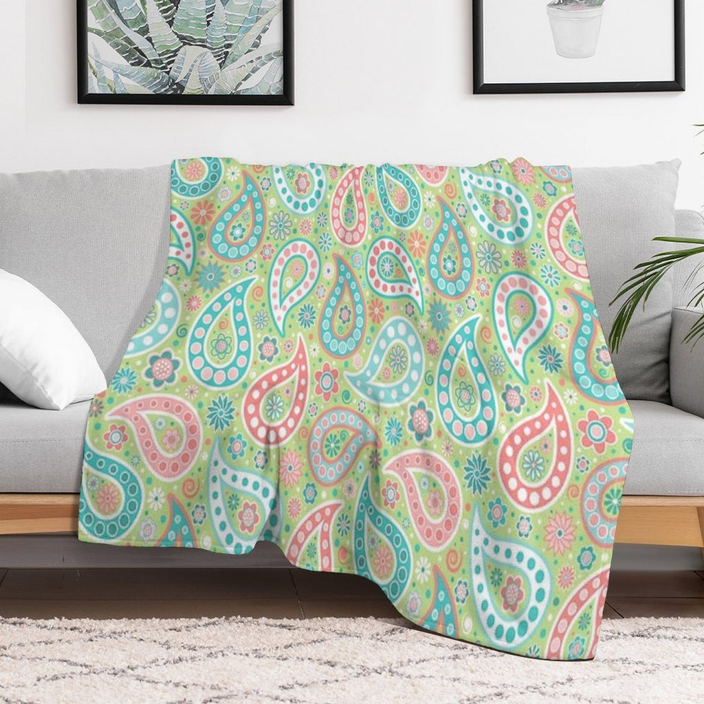 Paisley in Green, Turquoise Blue, Coral Pink And White Lightweight Throw Blanket