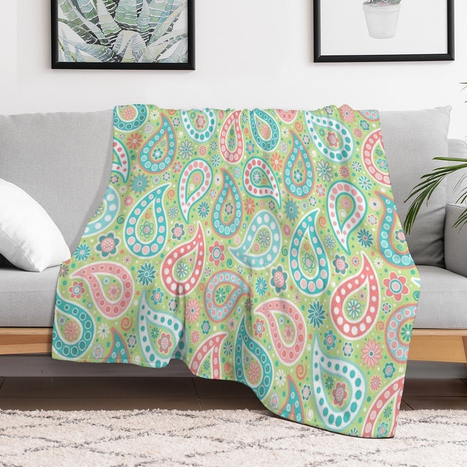 Paisley in Green, Turquoise Blue, Coral Pink And White Lightweight Throw Blanket