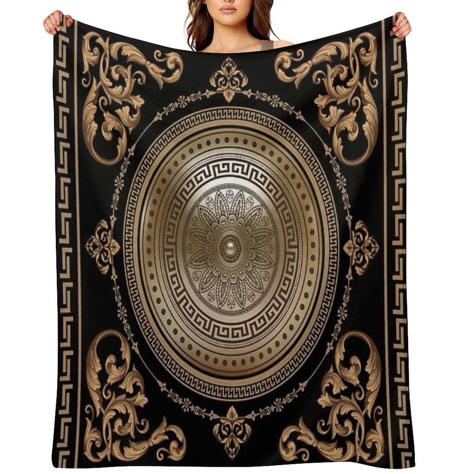 Baroque Black & Bronze Medallion Greek Meander Wrinkle-free Throw Blanket