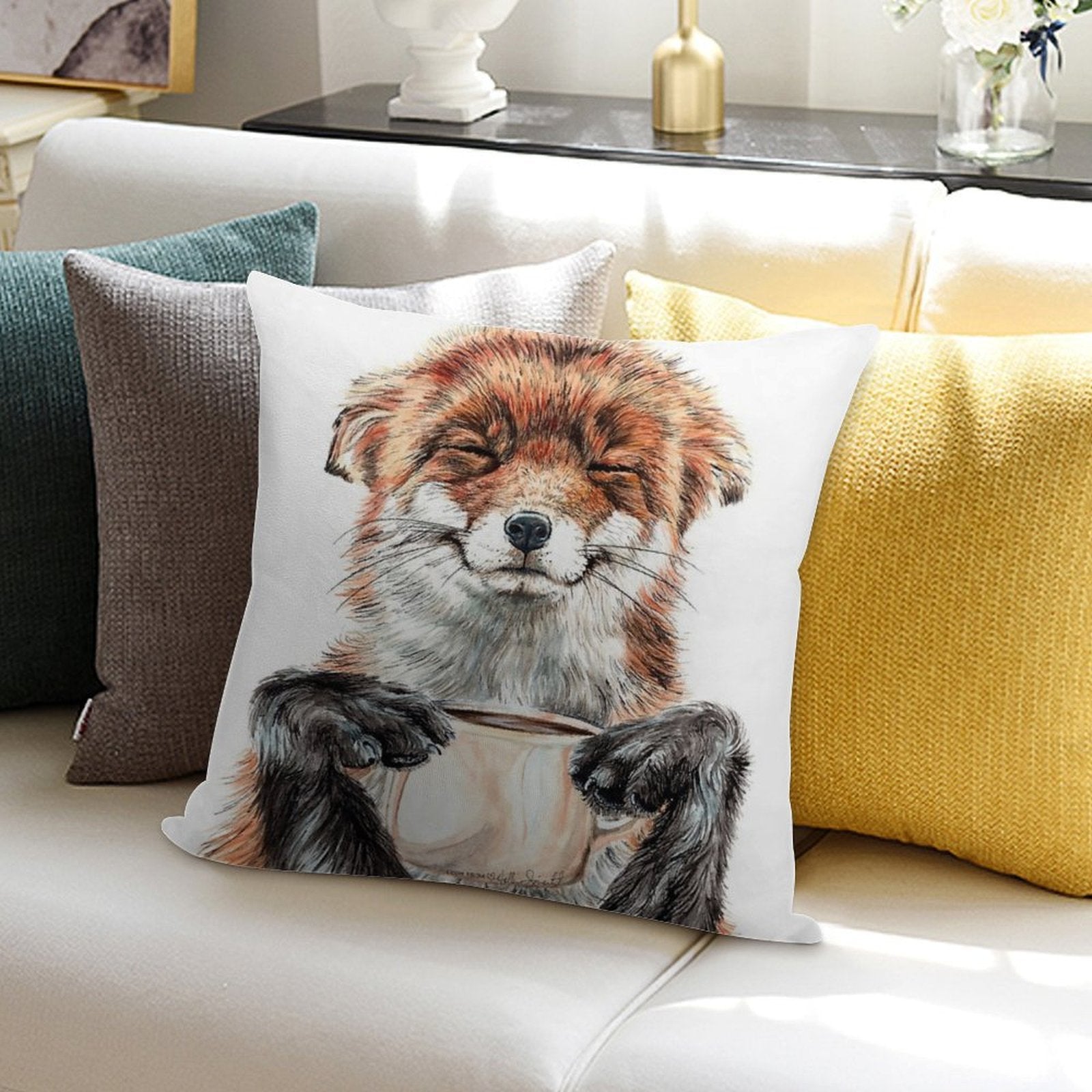 Morning Fox - Cute Coffee Animal Soft Style Accent Throw Pillow
