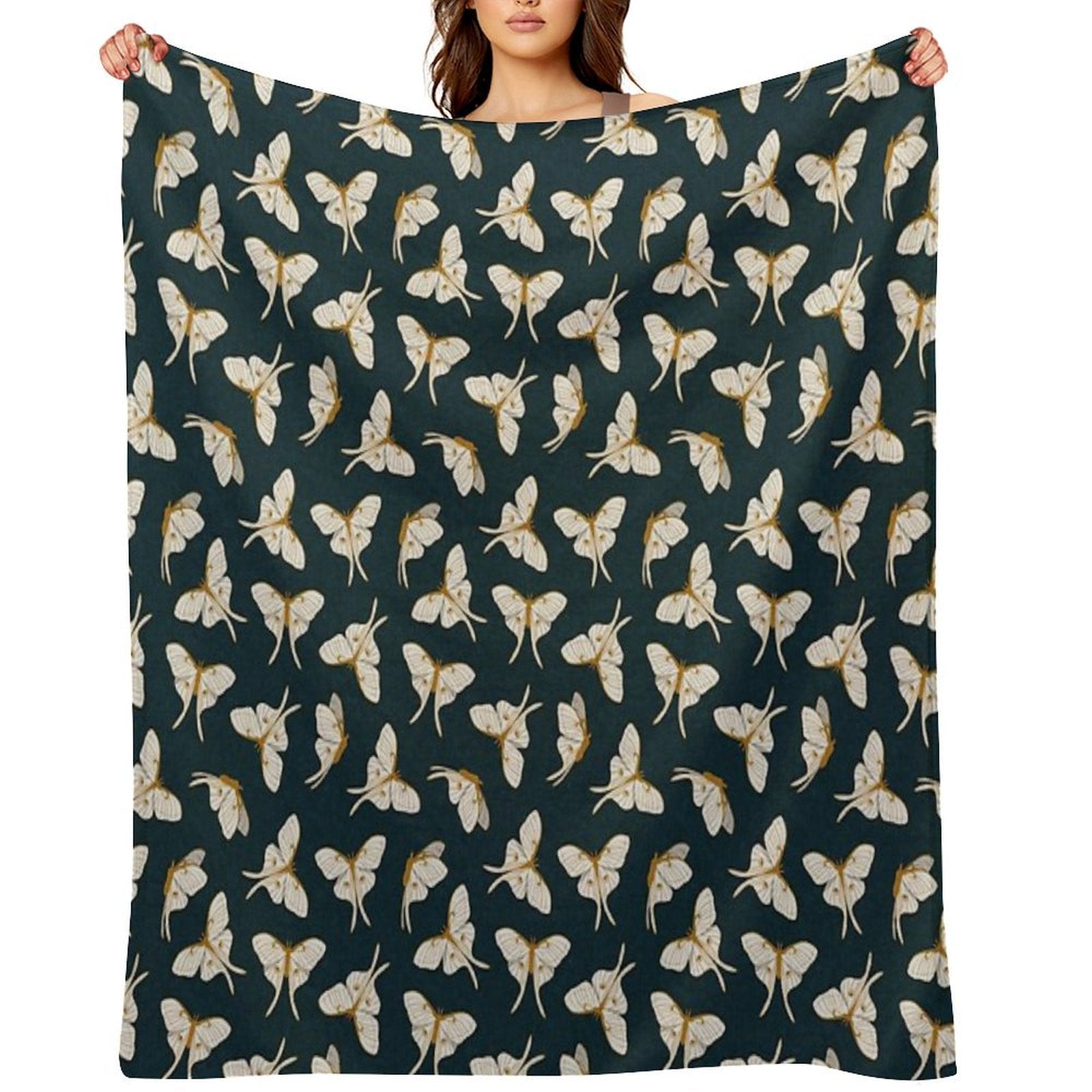 Luna Moth - Gold on Dark Teal Shrink-resistant Throw Blanket