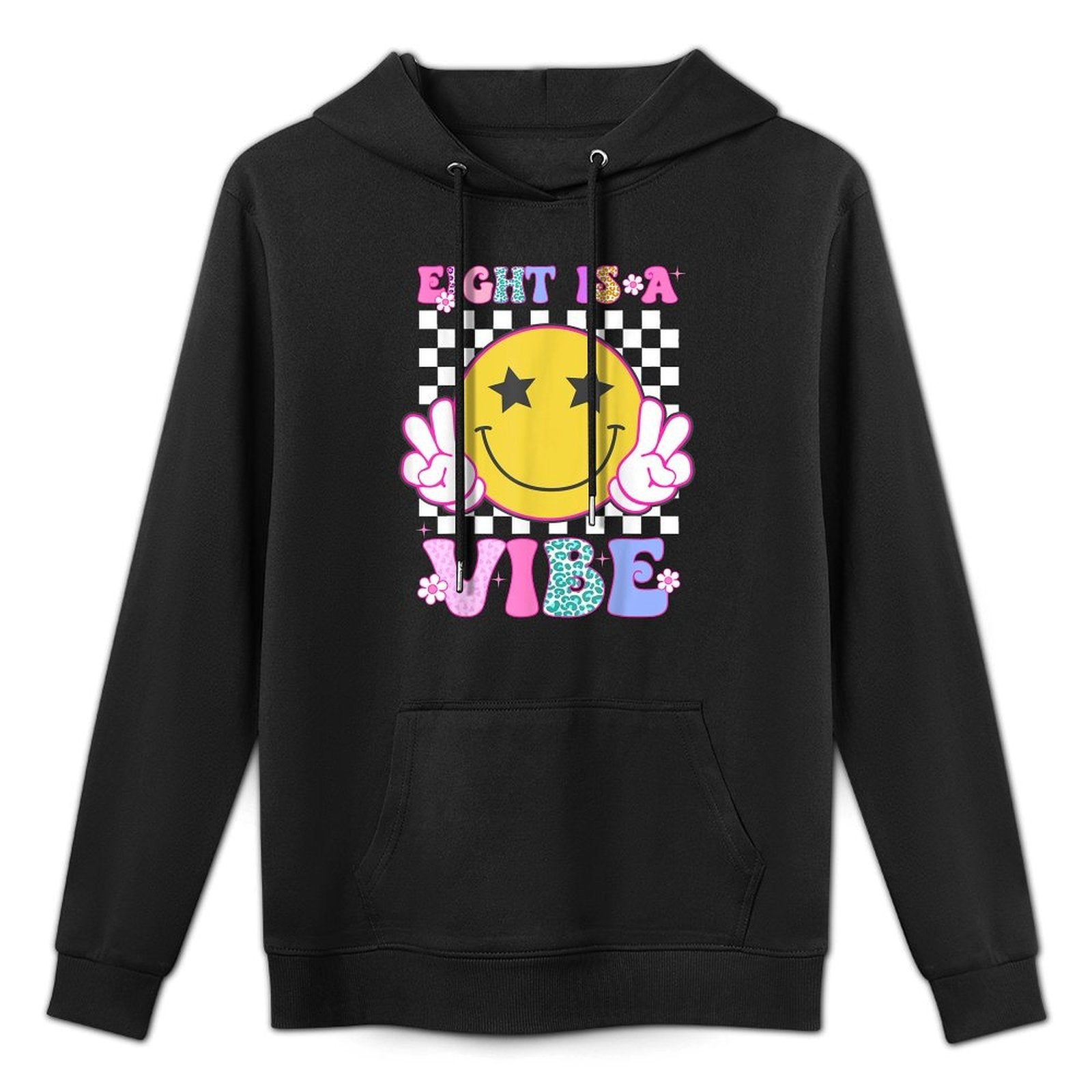 Eight Is A Vibe 8th Birthday Groovy Happy Face 8 Years Old Durable Construction Hoodie