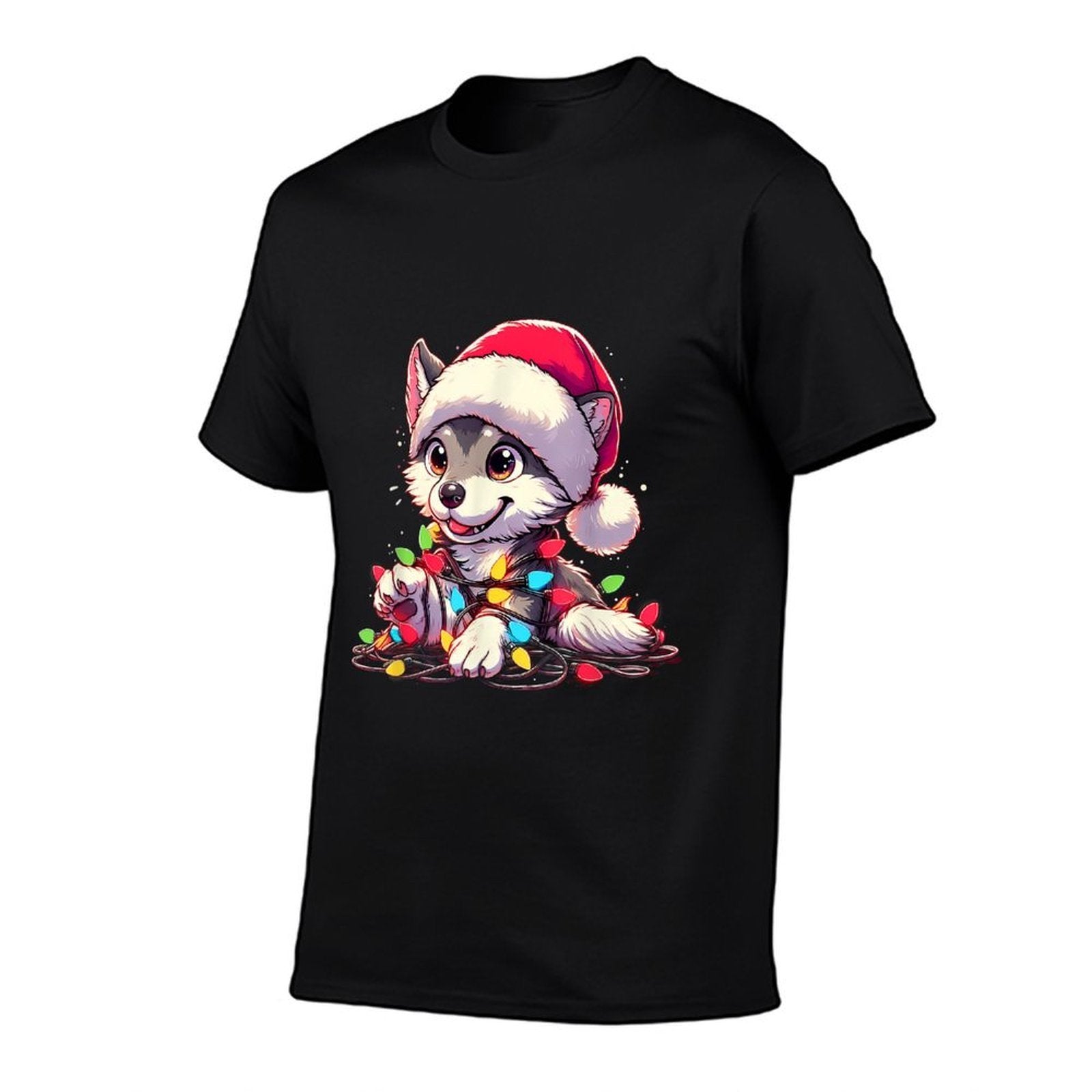 Merry Wolfmas Christmas Lights Cute Wolf Santa Hat  Easy-care T-Shirt
