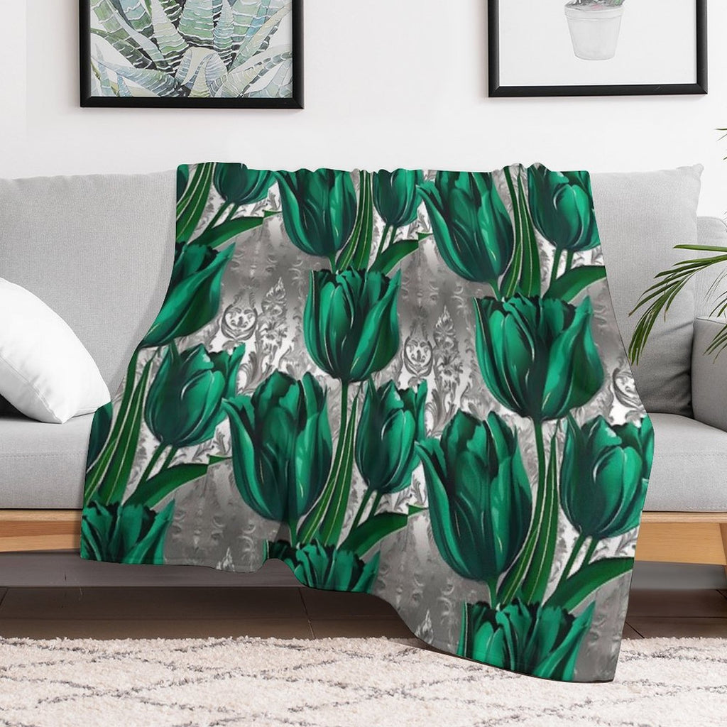Emerald Green Tulips with Silver Baroque Machine-washable Throw Blanket