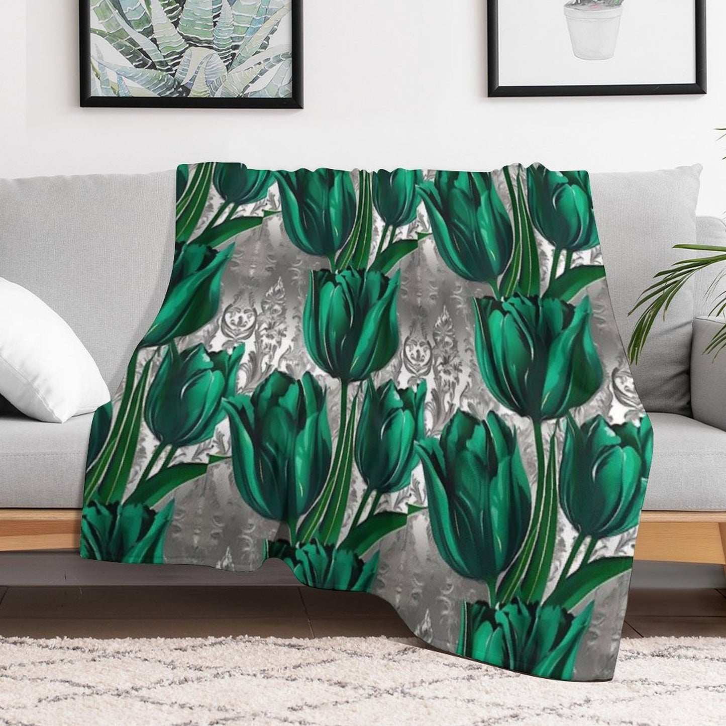 Emerald Green Tulips with Silver Baroque Machine-washable Throw Blanket