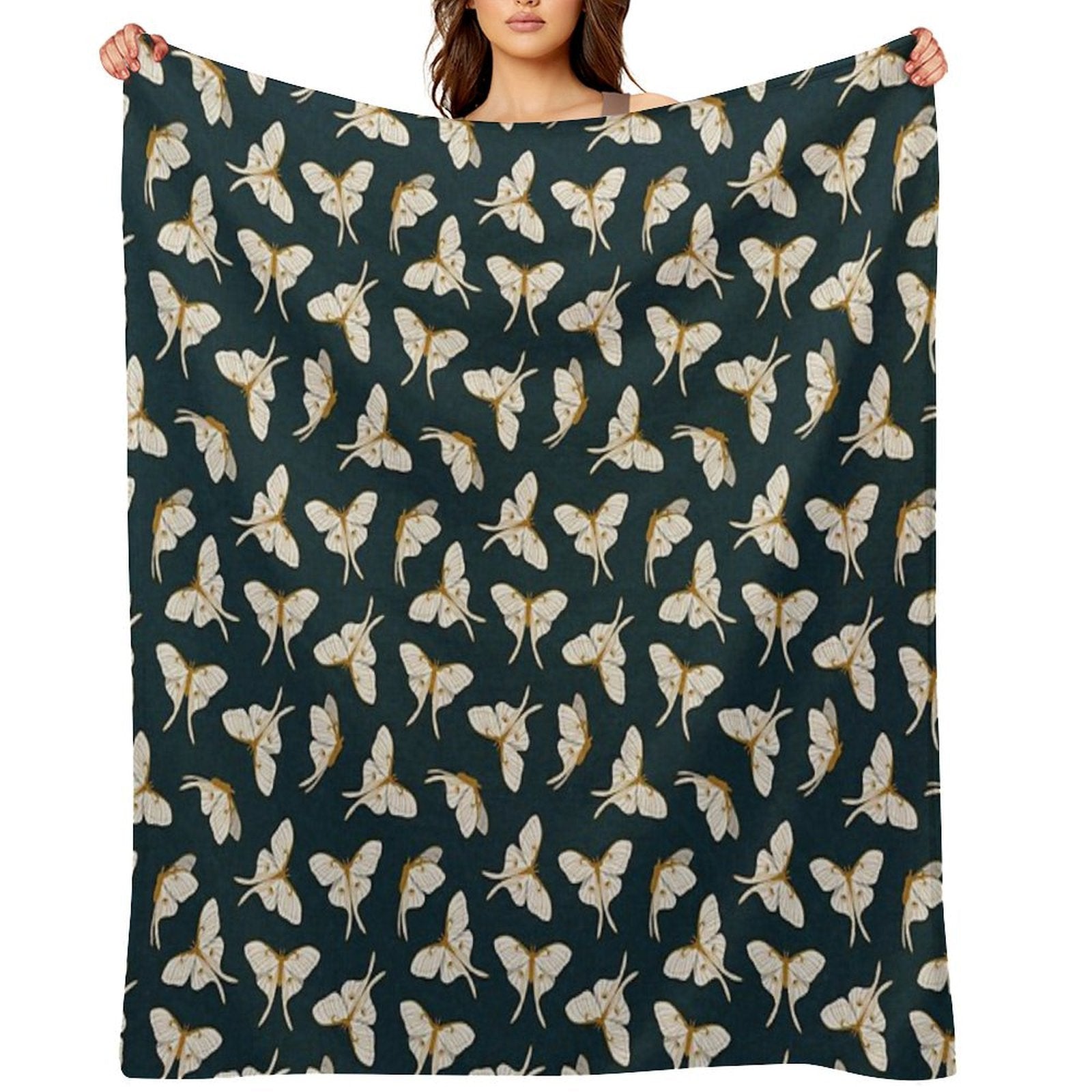 Luna Moth - Gold on Dark Teal Shrink-resistant Throw Blanket