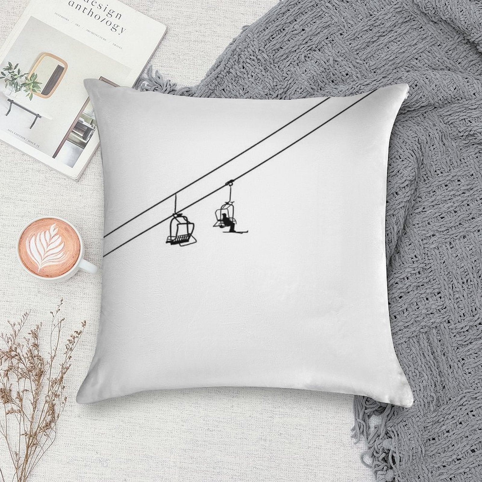 Ski Lift Black And White Soft Easy Maintenance Throw Pillow