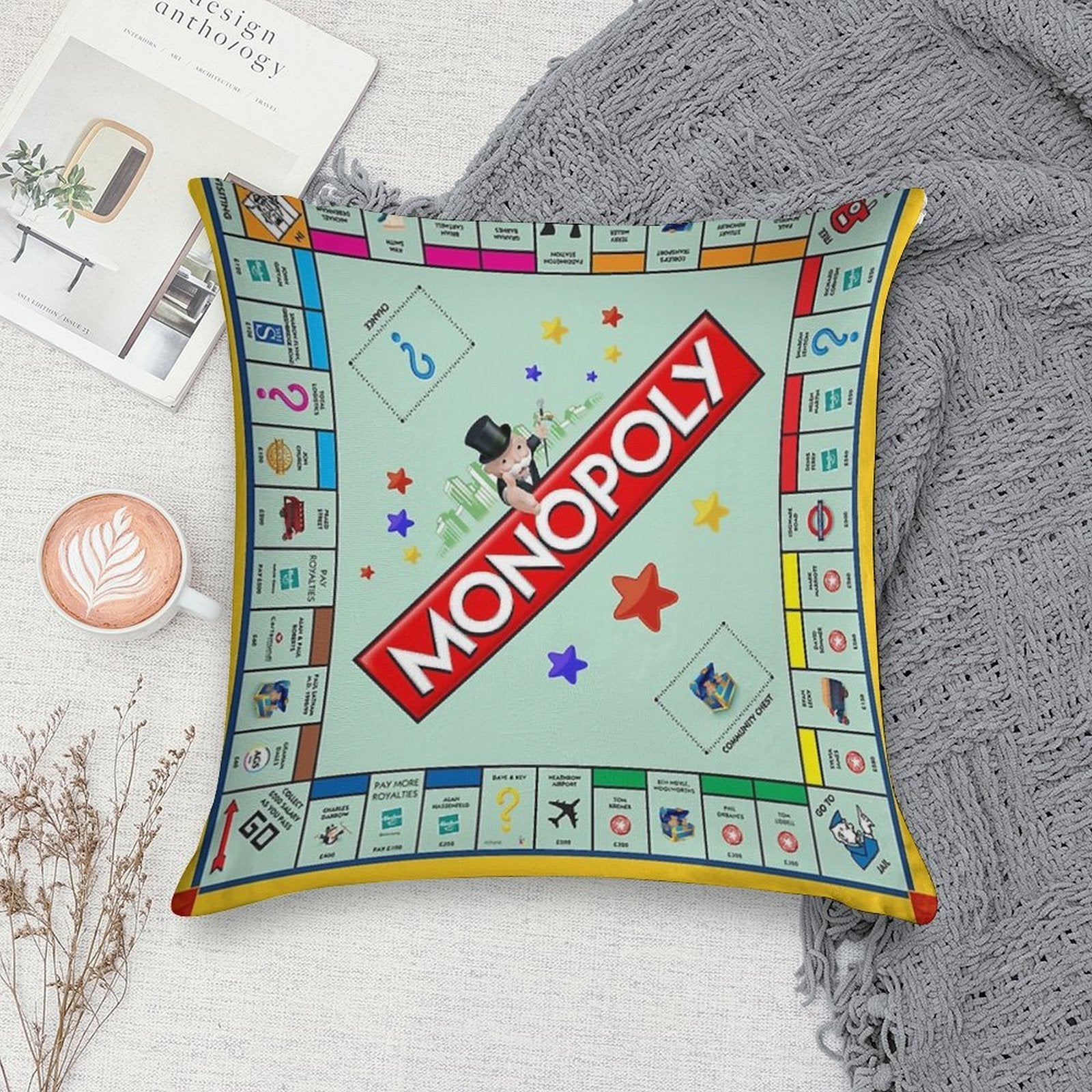 Monopoly Board Game Classic Soft Short Plush Fabric Throw Pillow