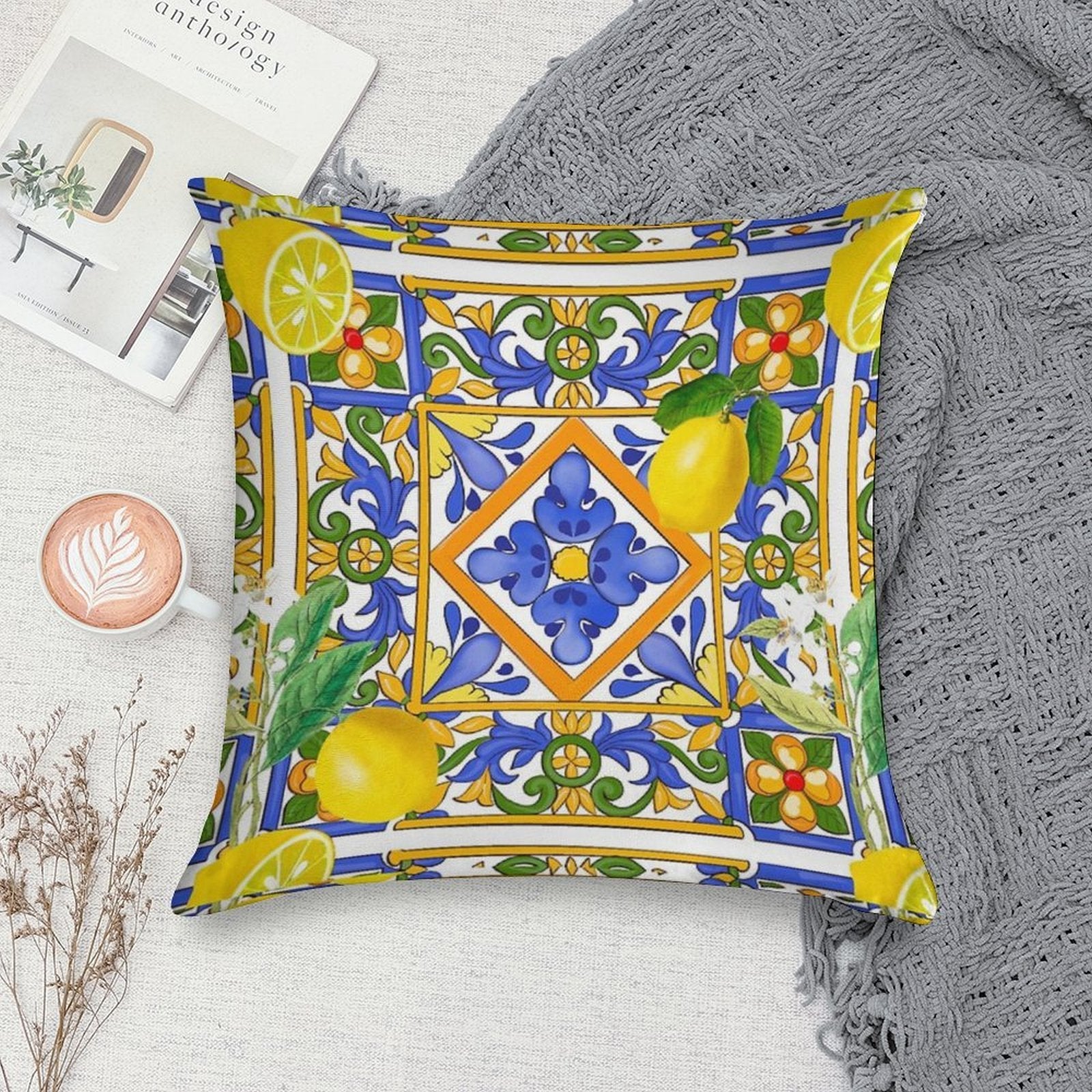 Summer ,Sicilian Tiles ,citrus,oranges,majolica,lemons ,Mediterranean Soft Easy Maintenance Throw Pillow