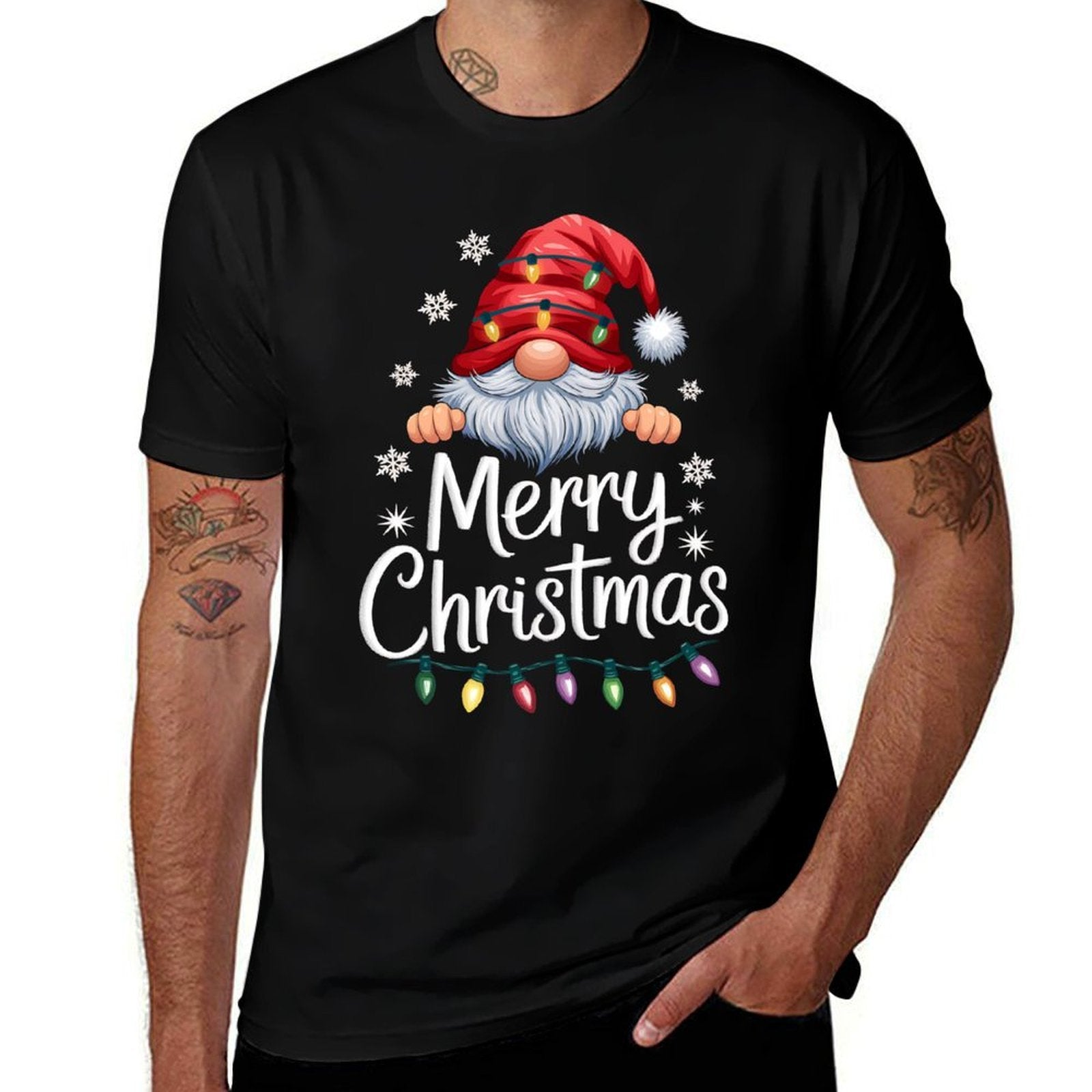 Merry Christmas Lights Red Santa Hat Xmas Family Men Women  Versatile T-Shirt