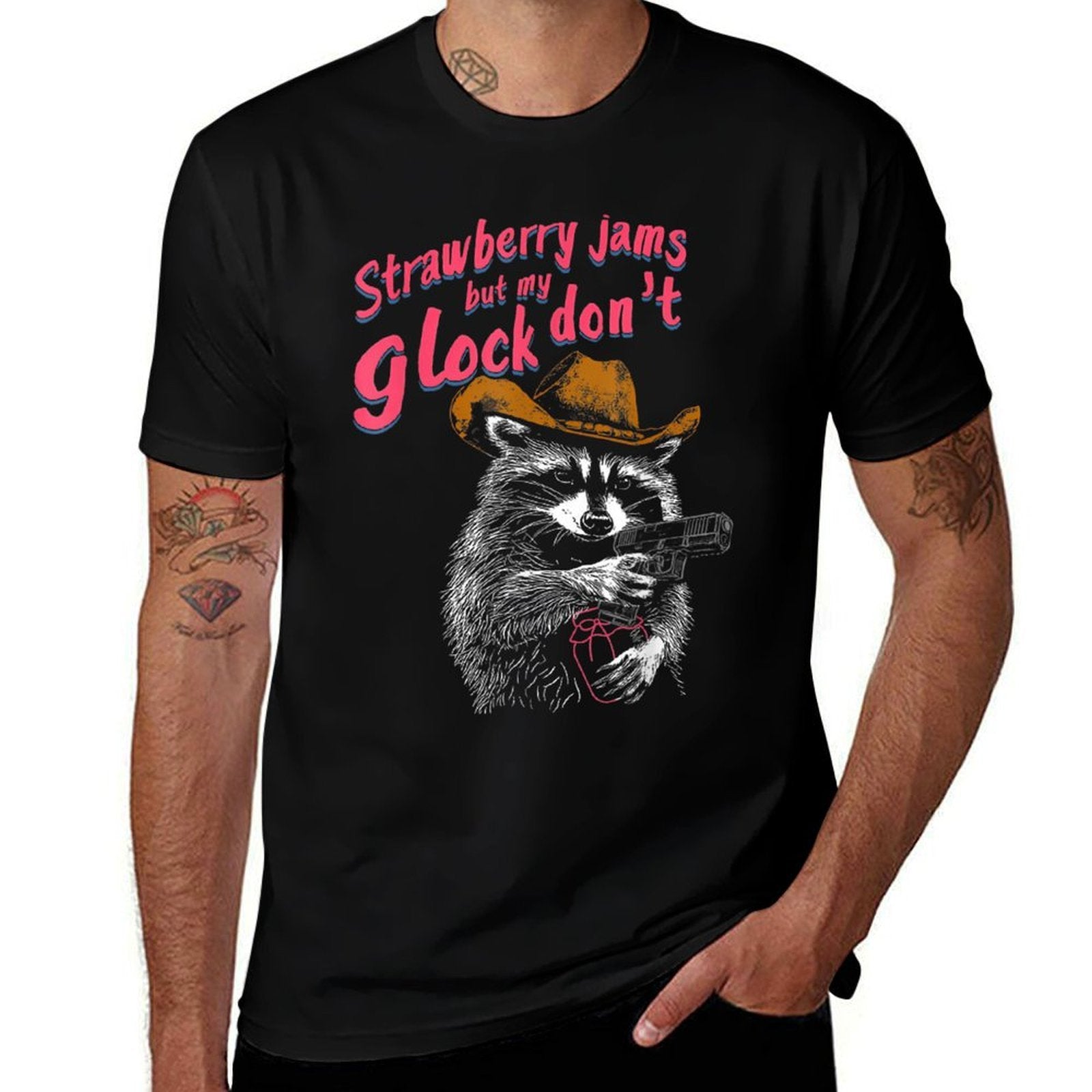 Strawberry Jams But My Dont Funny Raccoon  Heathered Texture T-Shirt