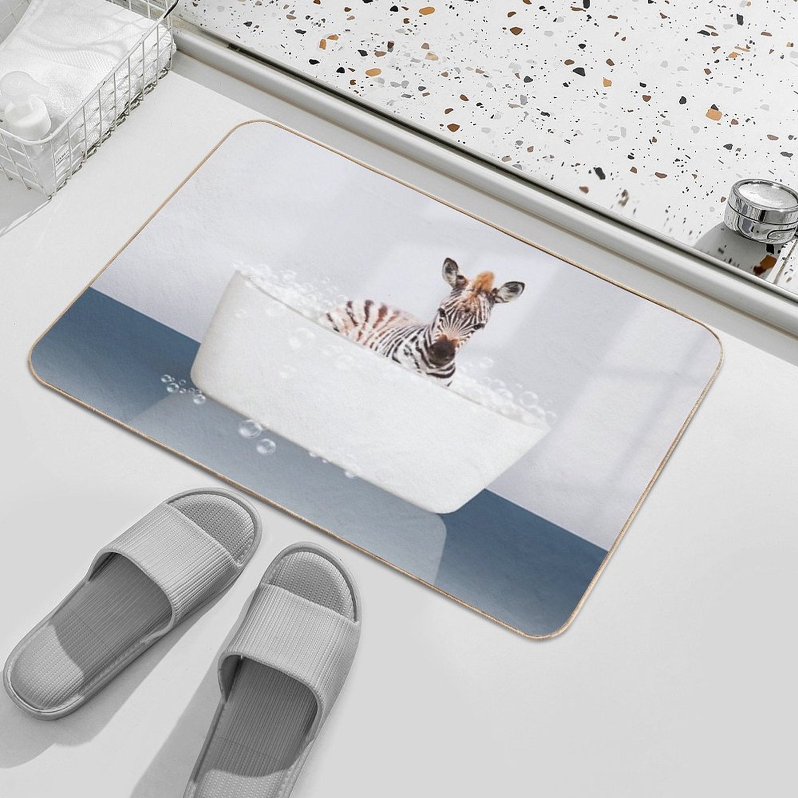 Baby Zebra  in Modern Bathtub Blue Print, Baby Zebra Bathing, Animals in Bathtub Art by Synplus  Non-Slip Bath Mat