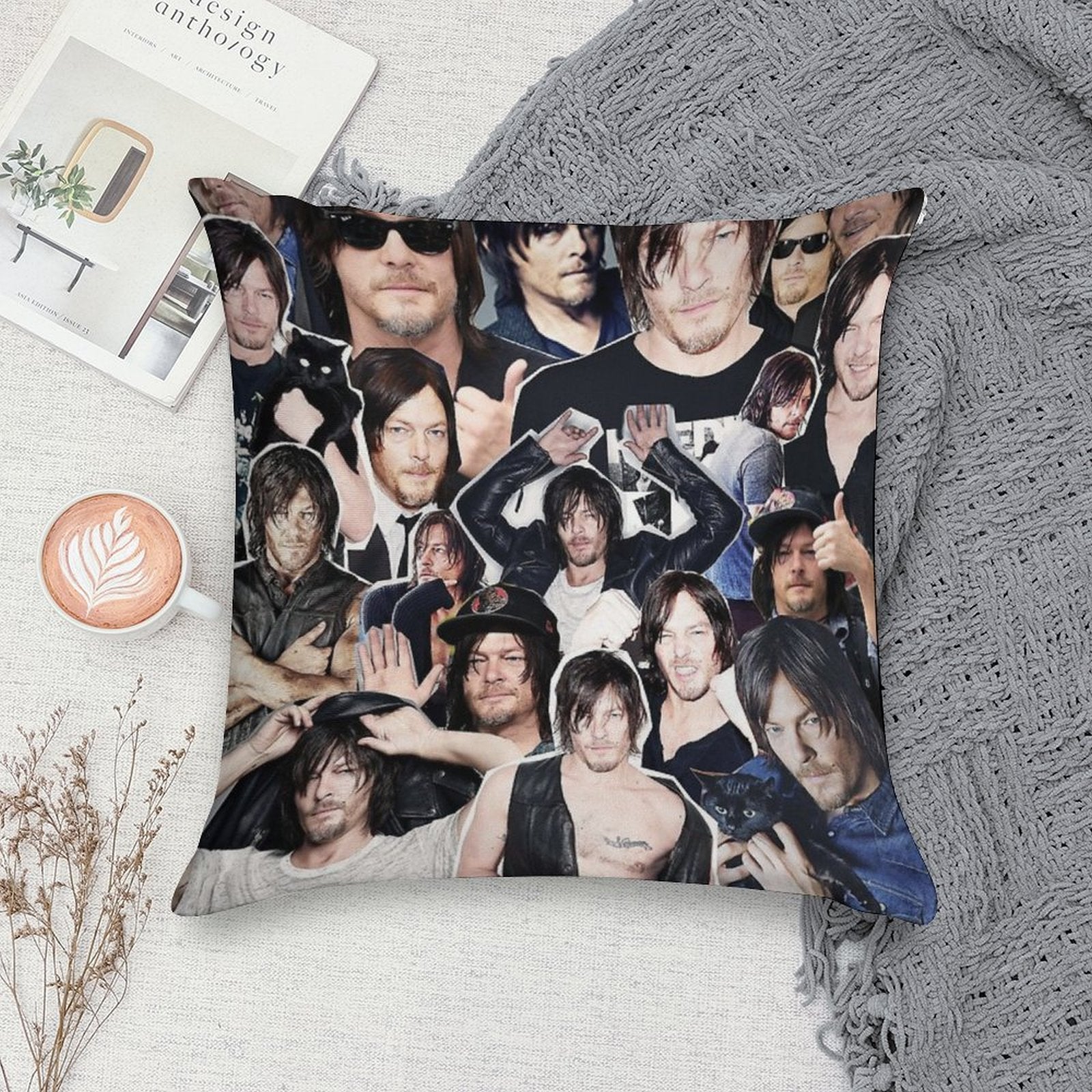 Norman Reedus Collage Soft Decorative Cover Throw Pillow