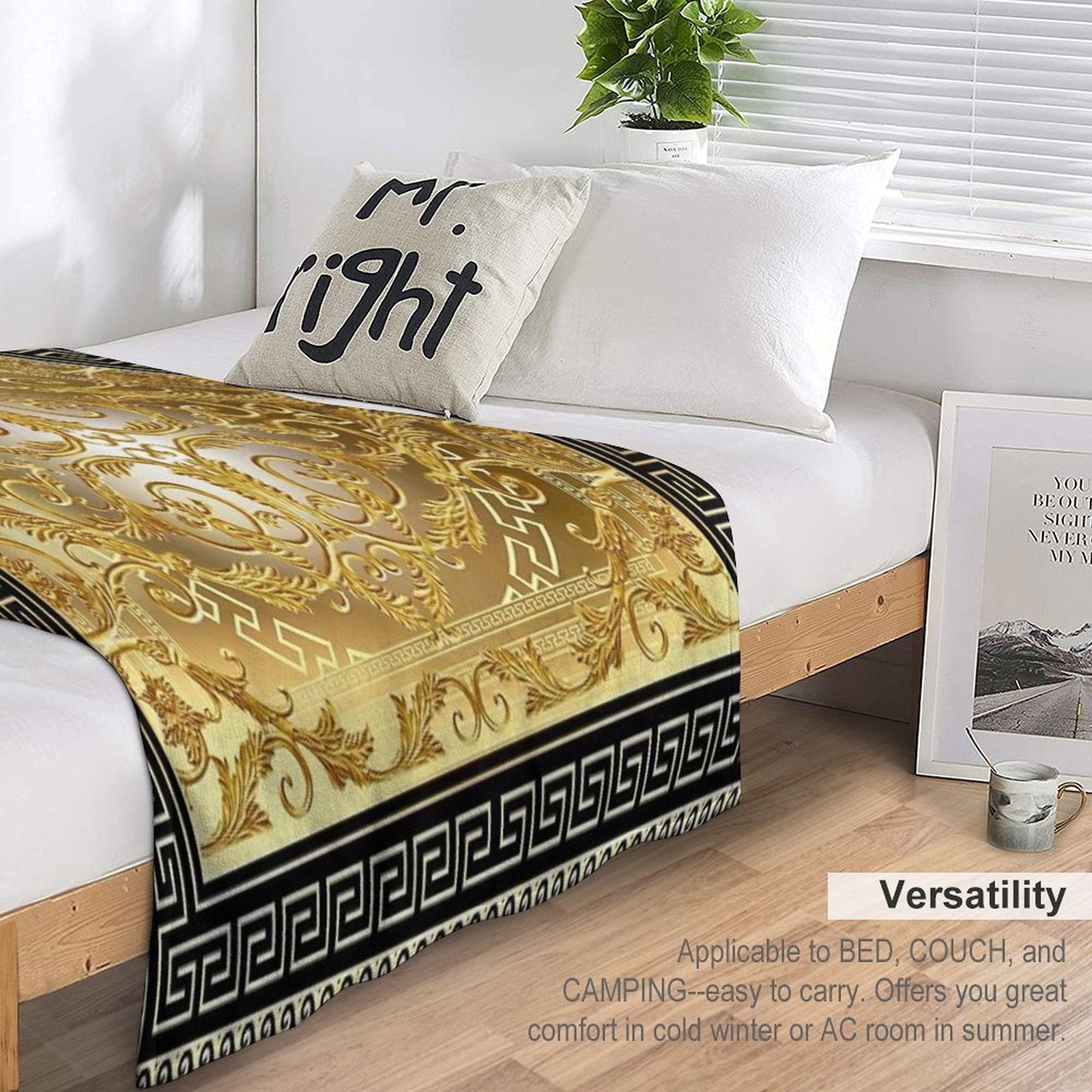 Ornate Baroque Gold Black Greek Keys Meander Sustainable Throw Blanket