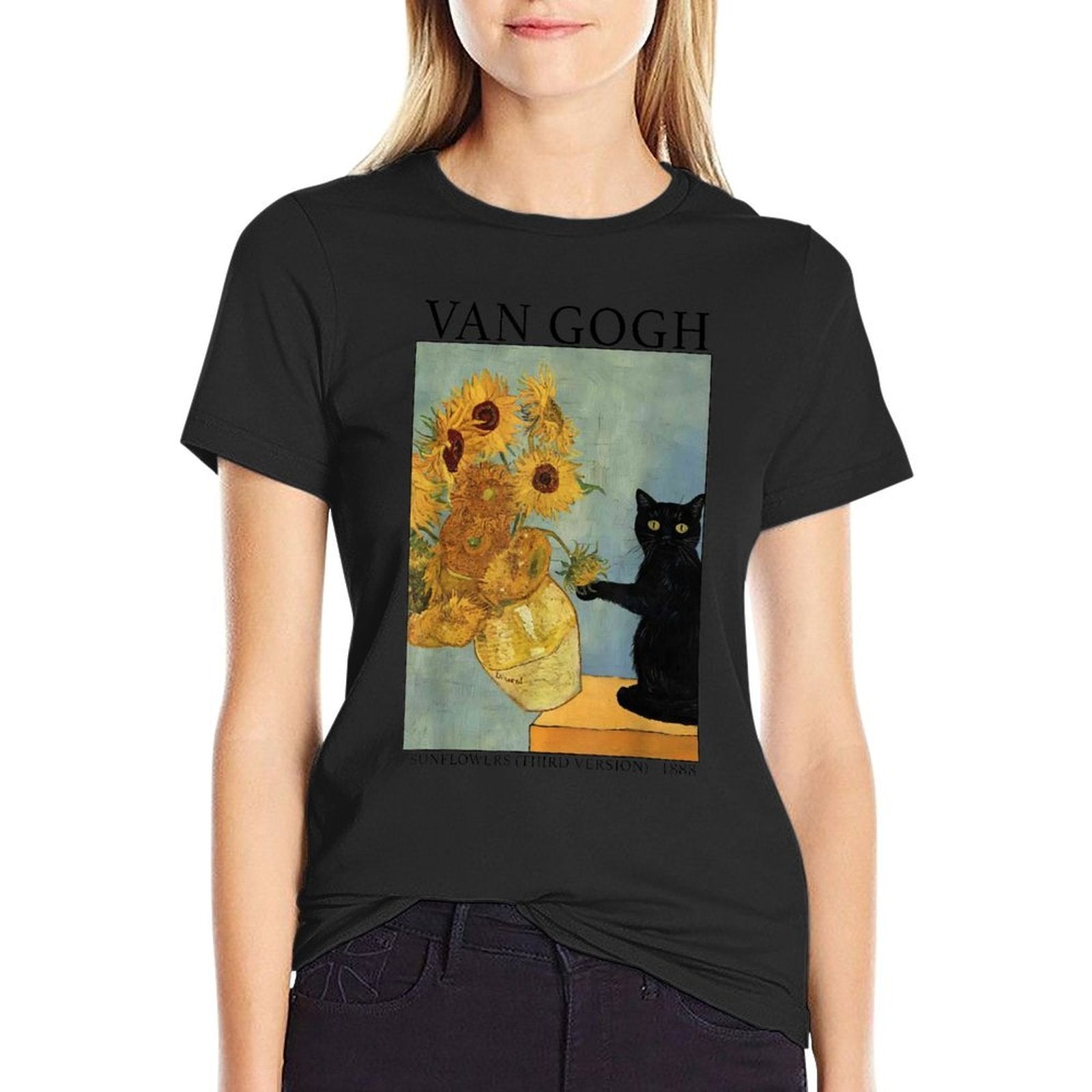 Van Gogh Black Cat With Sunflowers Funny Cat  Easy-care T-Shirt