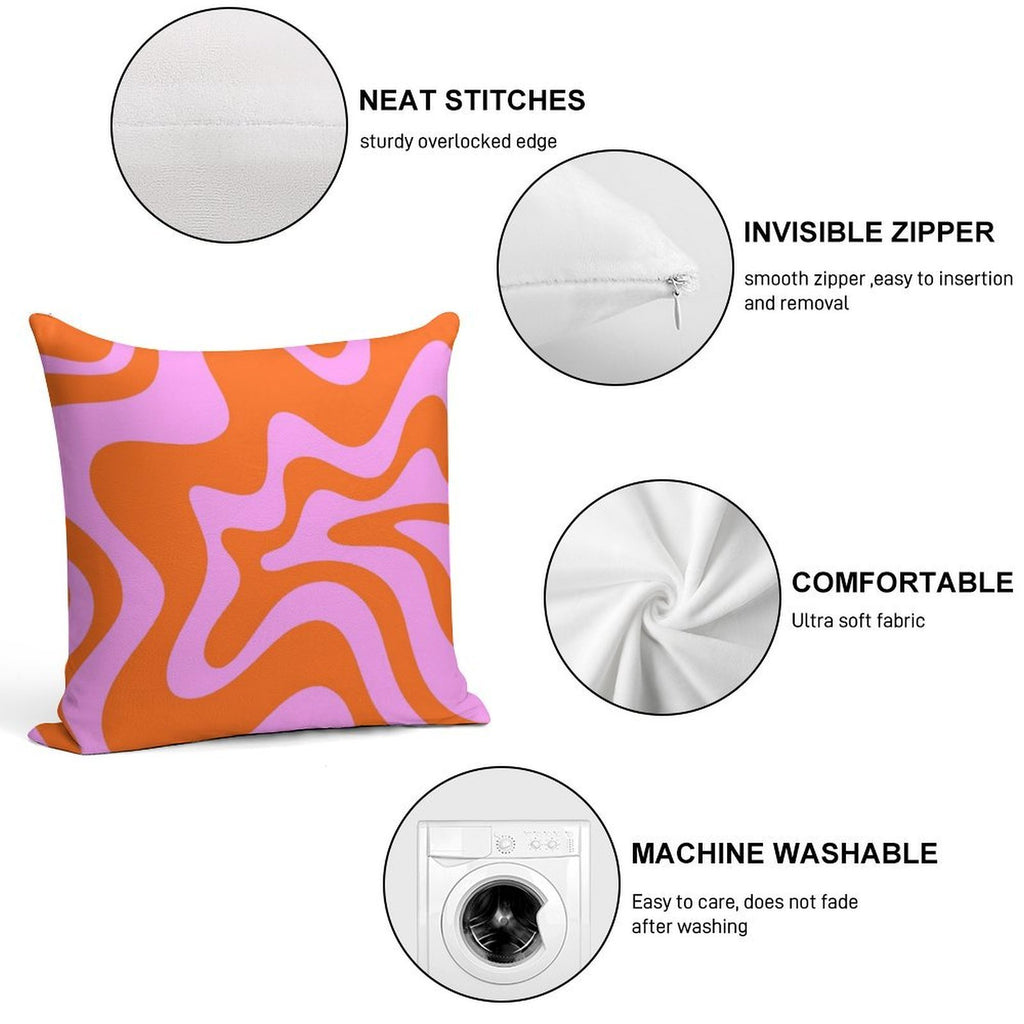 Retro Liquid Swirl Abstract Pattern Square in Hot Pink And Red-Orange Soft Washable Throw Pillow