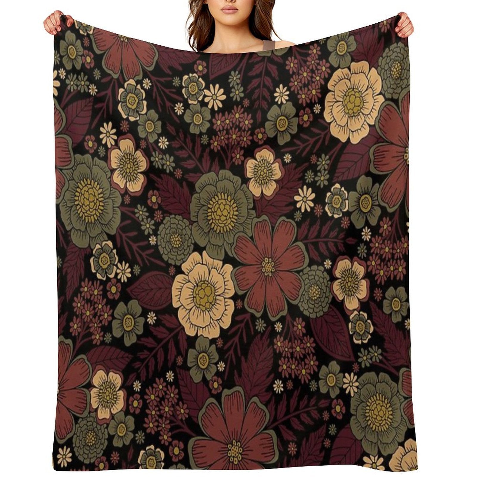 Classy Burgundy, Cream & Sage Green Floral Pattern Easy Care Throw Blanket