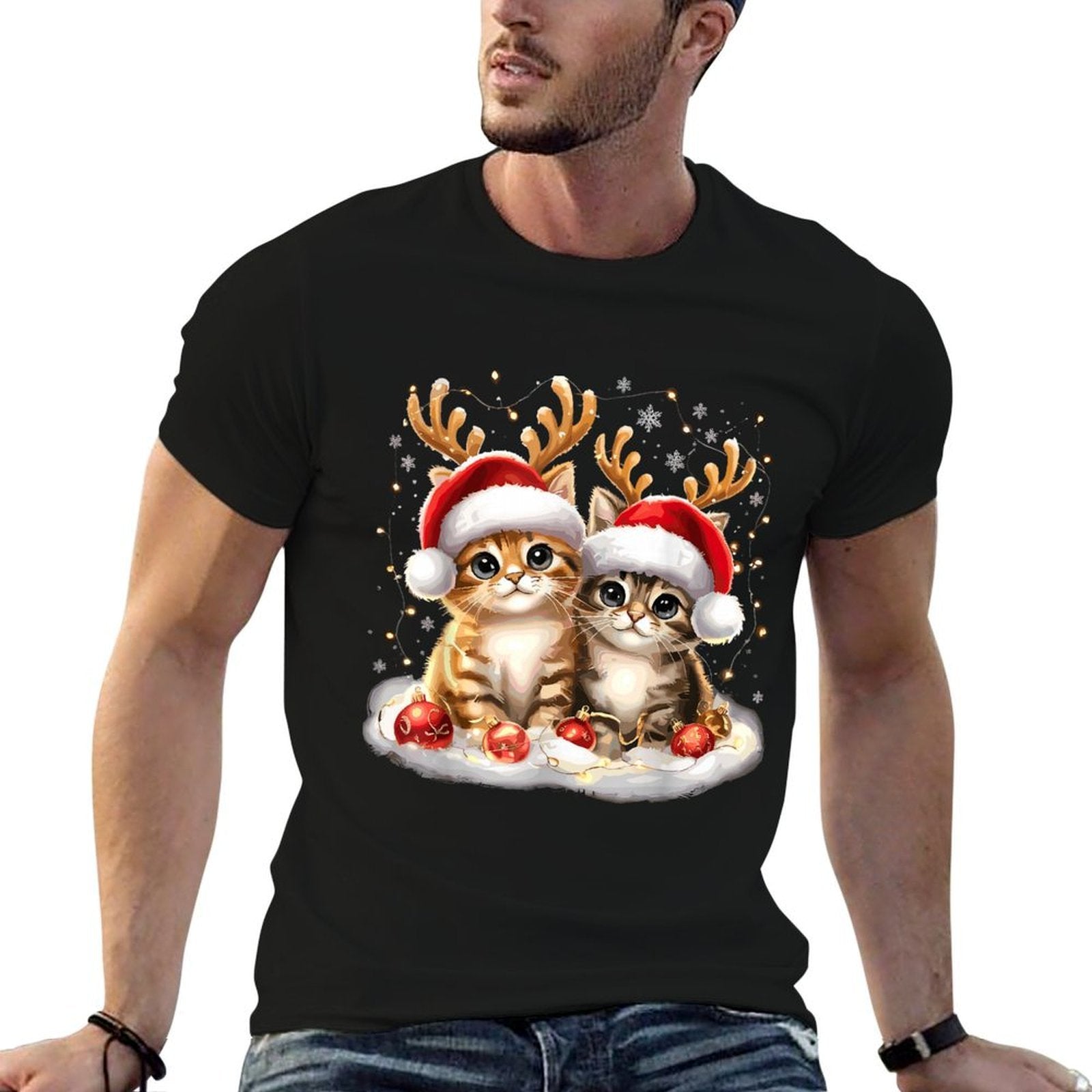 Cat Christmas Light Reindeer Santa  Breathable T-Shirt