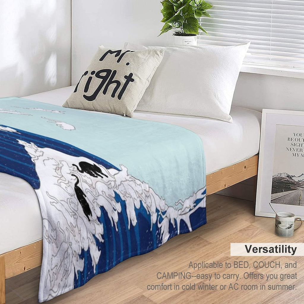 Cats The Great Wave in Blue Art Print Eco-conscious Throw Blanket