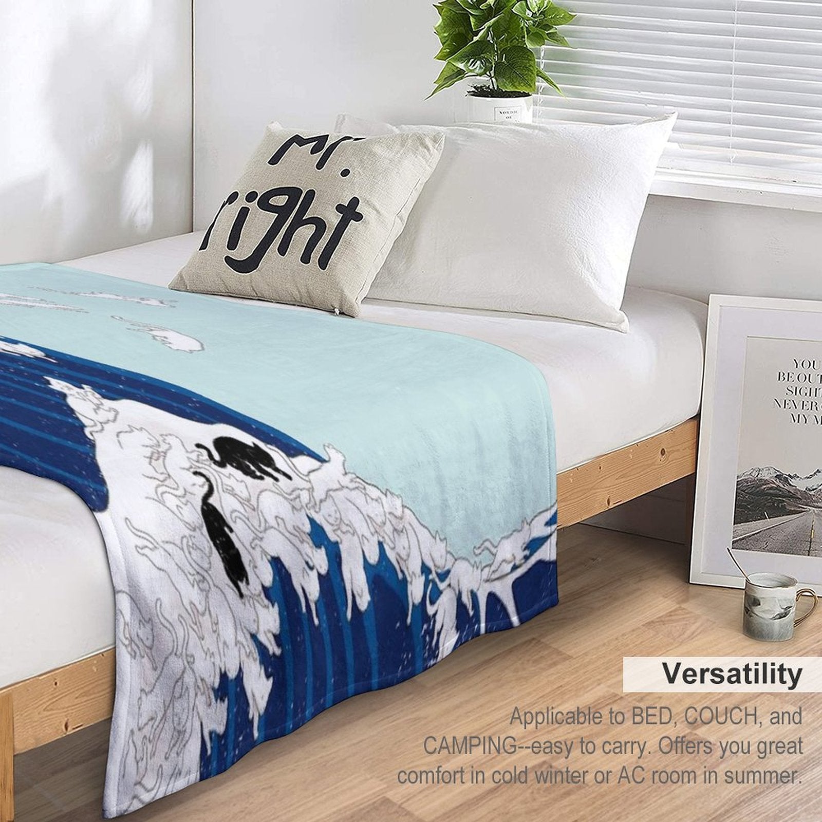 Cats The Great Wave in Blue Art Print Eco-conscious Throw Blanket