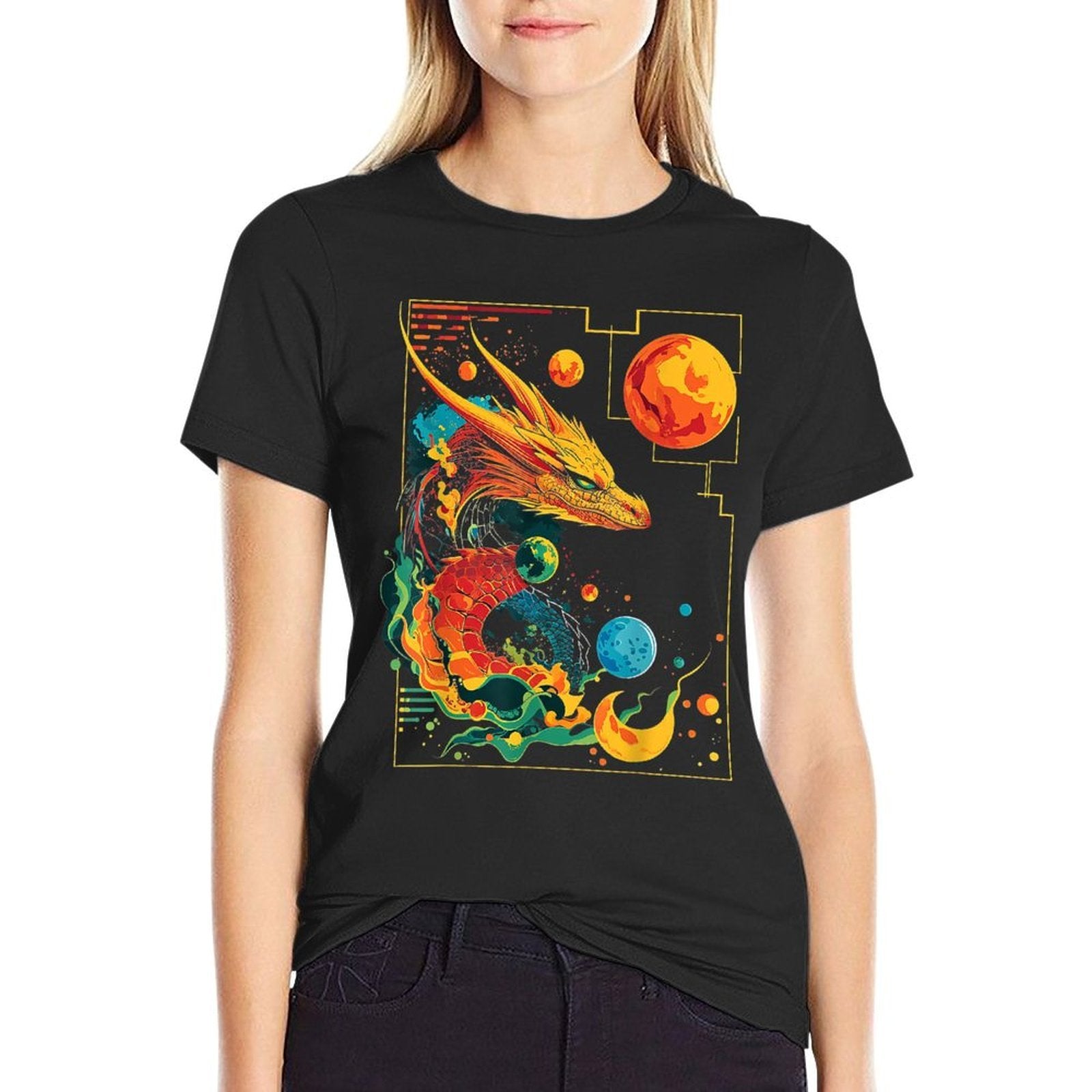 Dragon Planets Abstract Painting Geometric Animal Art  Graphic-printed T-Shirt