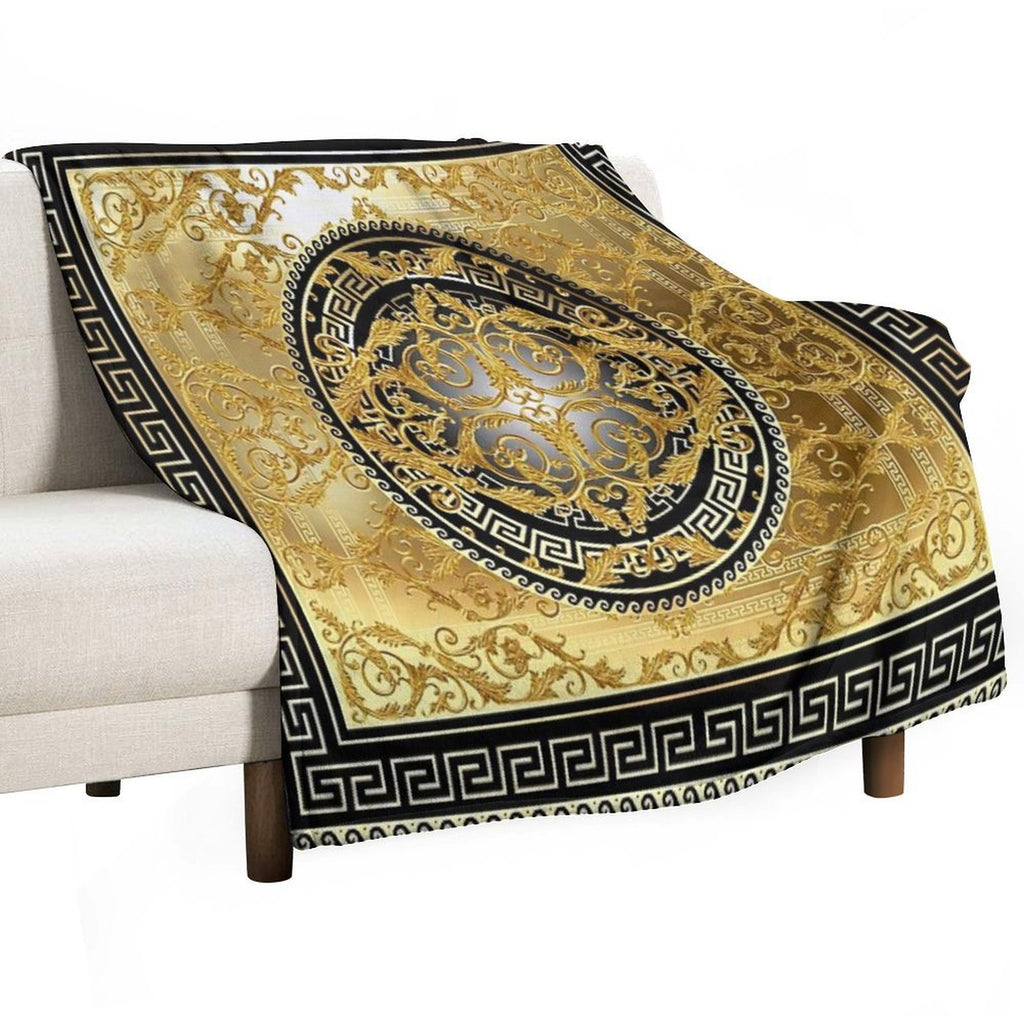 Ornate Baroque Black Gold Greek Keys Meander Travel-friendly Throw Blanket