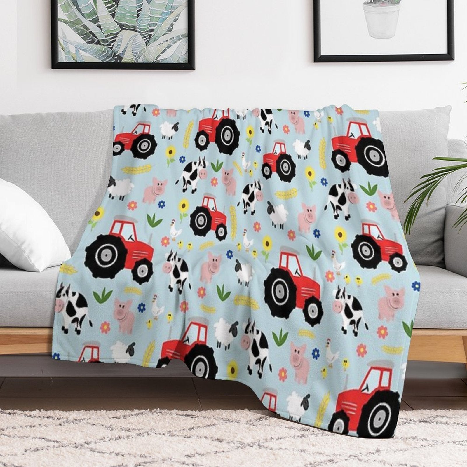 Cute Kids Red Tractor Farm Animal Pattern Cartoon Gift-ready Throw Blanket