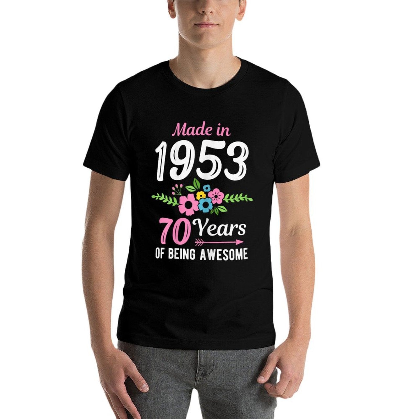 Womens Made In 1953 Floral 70th Birthday  Ribbed Collar T-Shirt