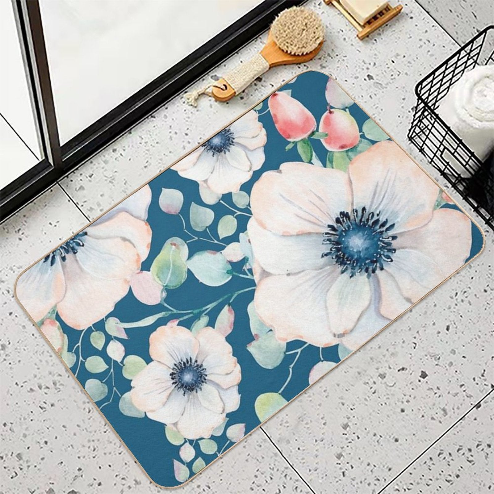Summer Flowers Blue Durable Bath Mat