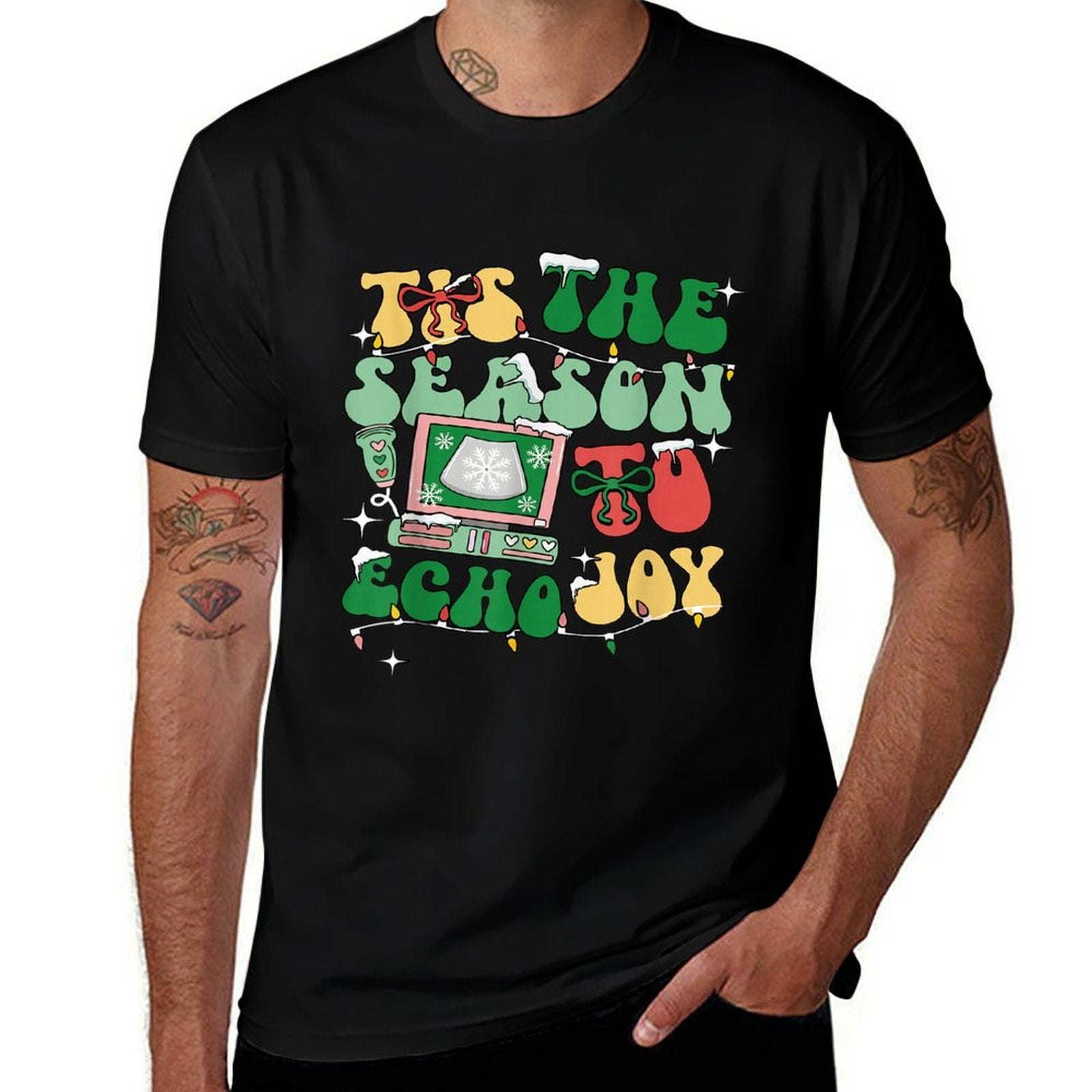 Tis The Season to Echo Joy Xmas Sonographer Ultrasound Tech  Ribbed Collar T-Shirt