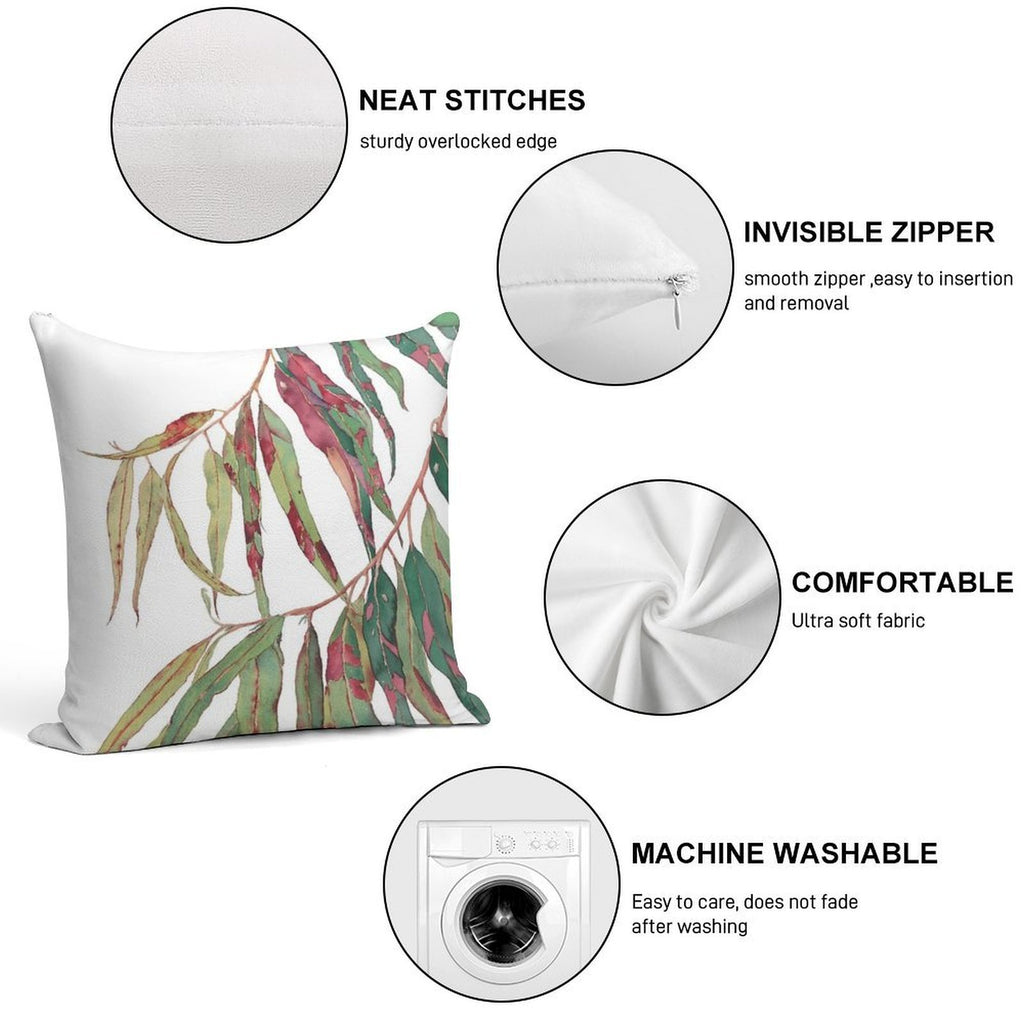 A Touch of Red - Watercolour of Eucalyptus Branch Soft Reinforced Edging Throw Pillow