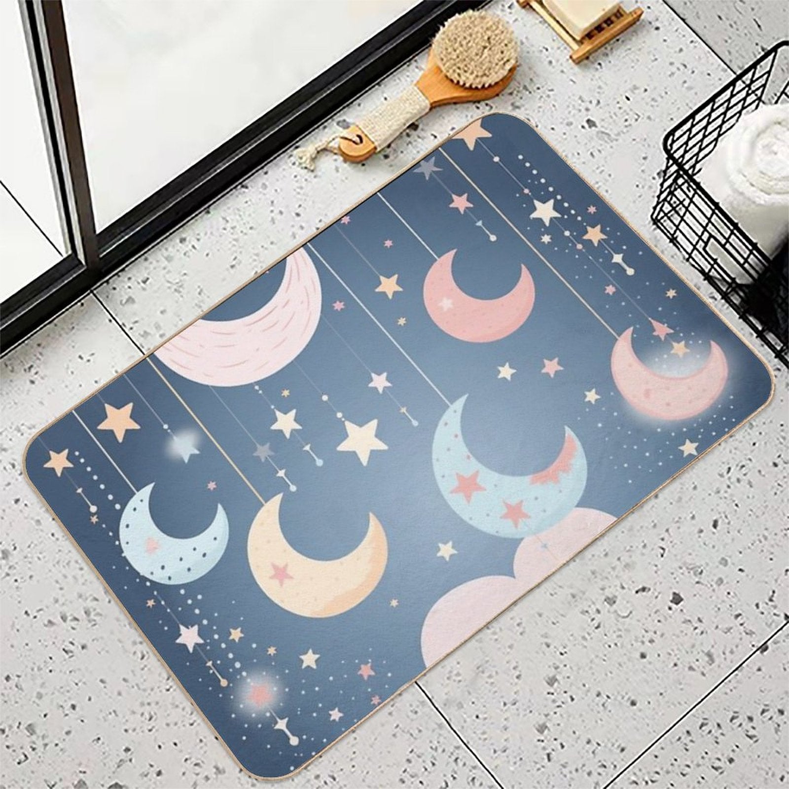 Whimsical Stars And Moon Pattern in Soft Pastel Colors  Absorbent Bath Mat