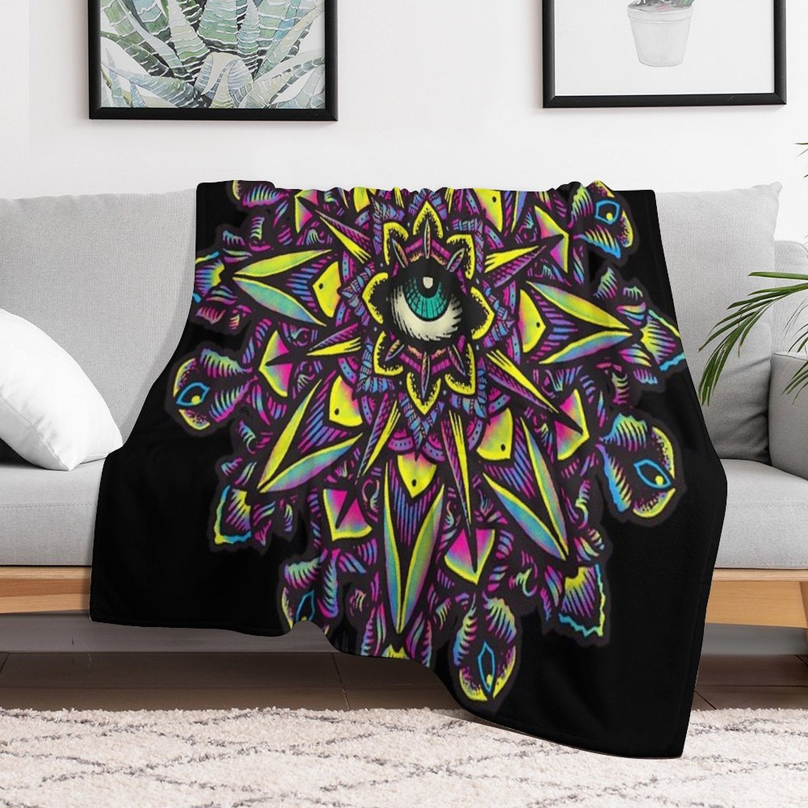 Dharma Wheel Neon Mandala Eye Machine-washable Throw Blanket