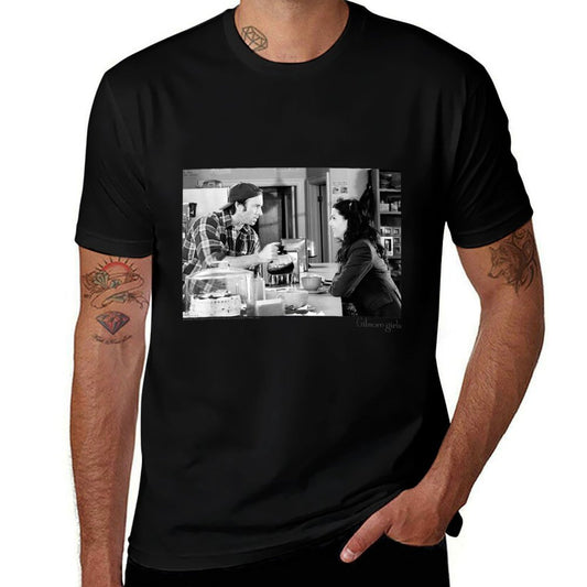 Gilmore Girls Luke Serving Coffee Black  White TV Show  Rolled Sleeves T-Shirt