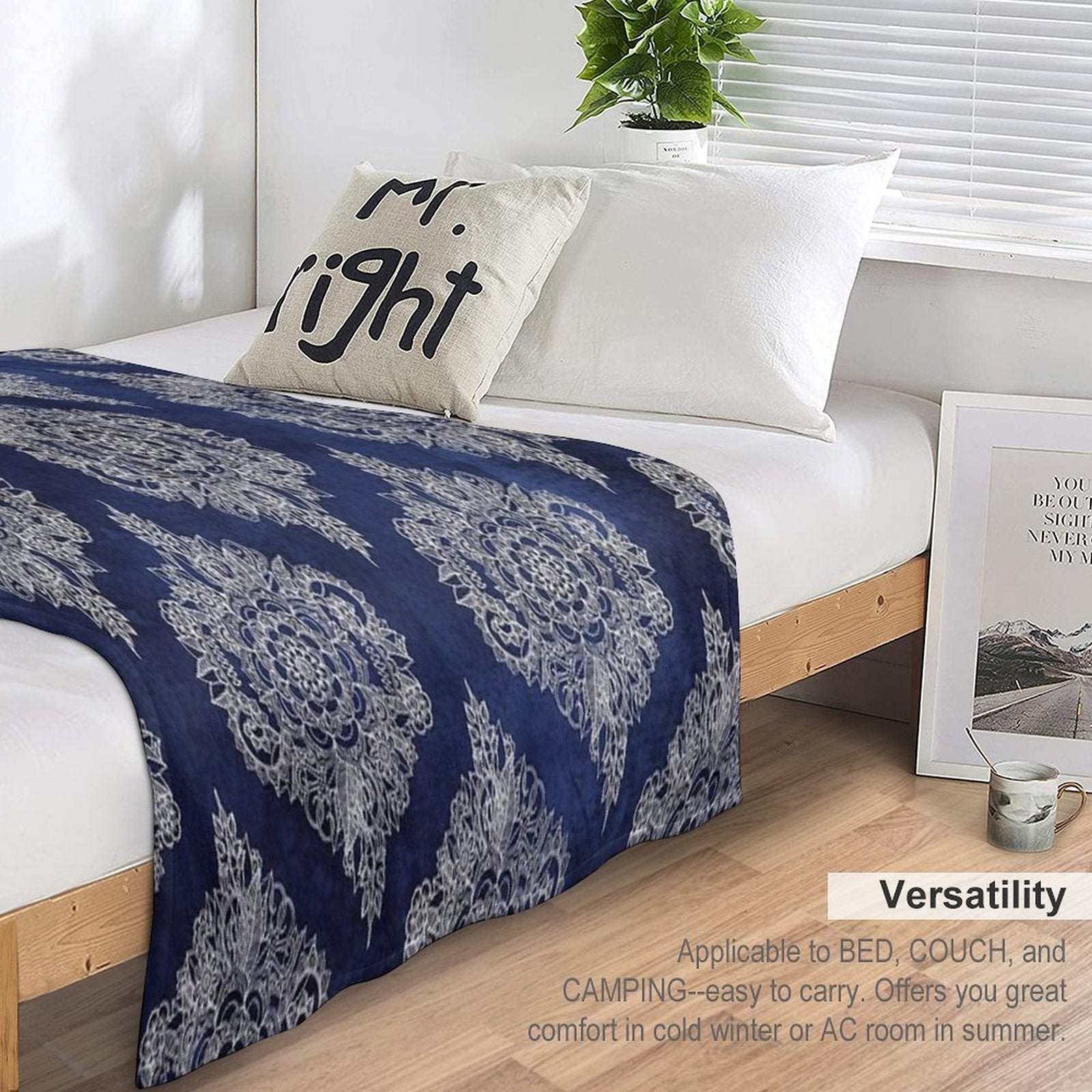 Cream Floral Moroccan Pattern on Deep Indigo Ink Eco-conscious Throw Blanket