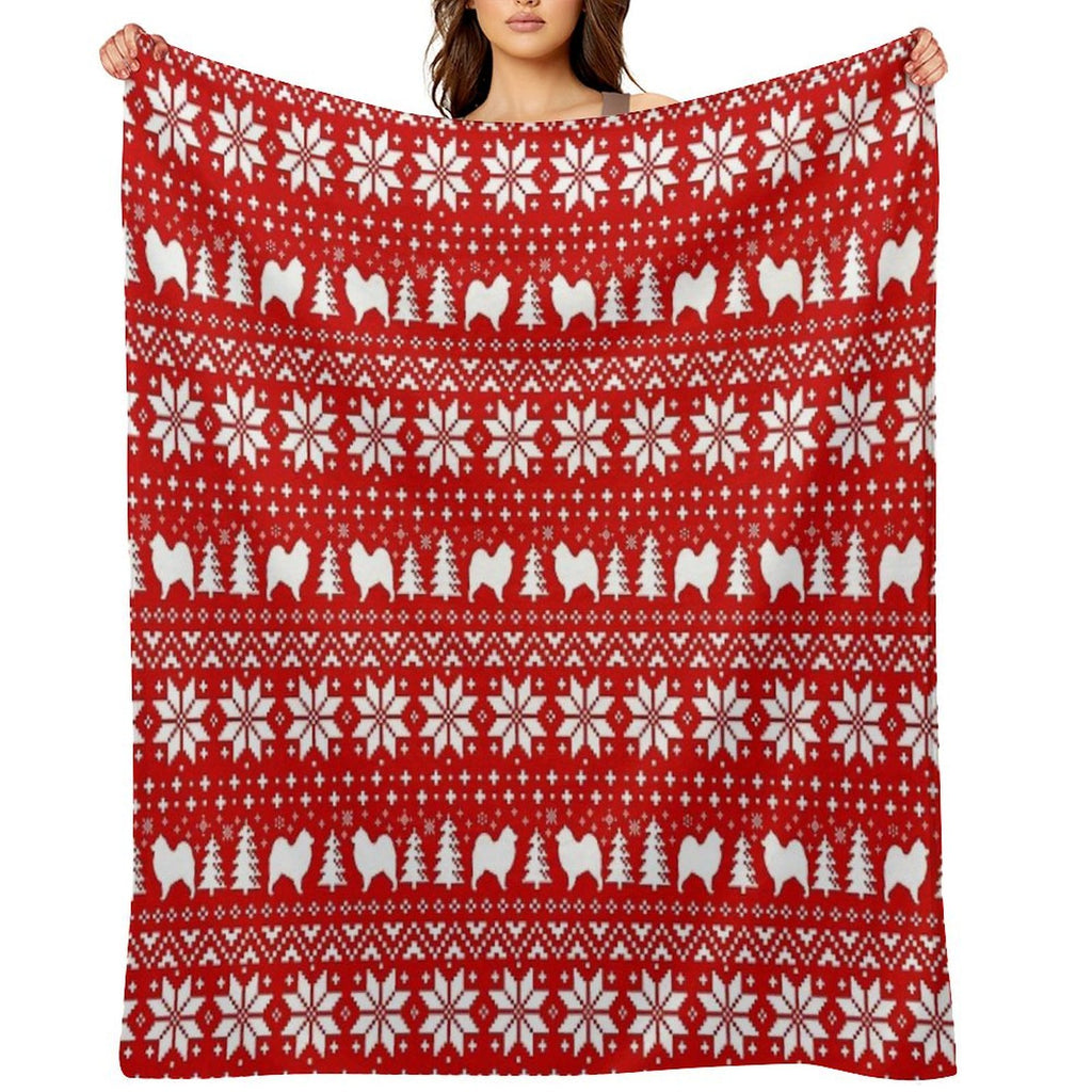 Samoyed Dog Silhouettes Red And White Christmas Holiday Pattern Plush Throw Blanket