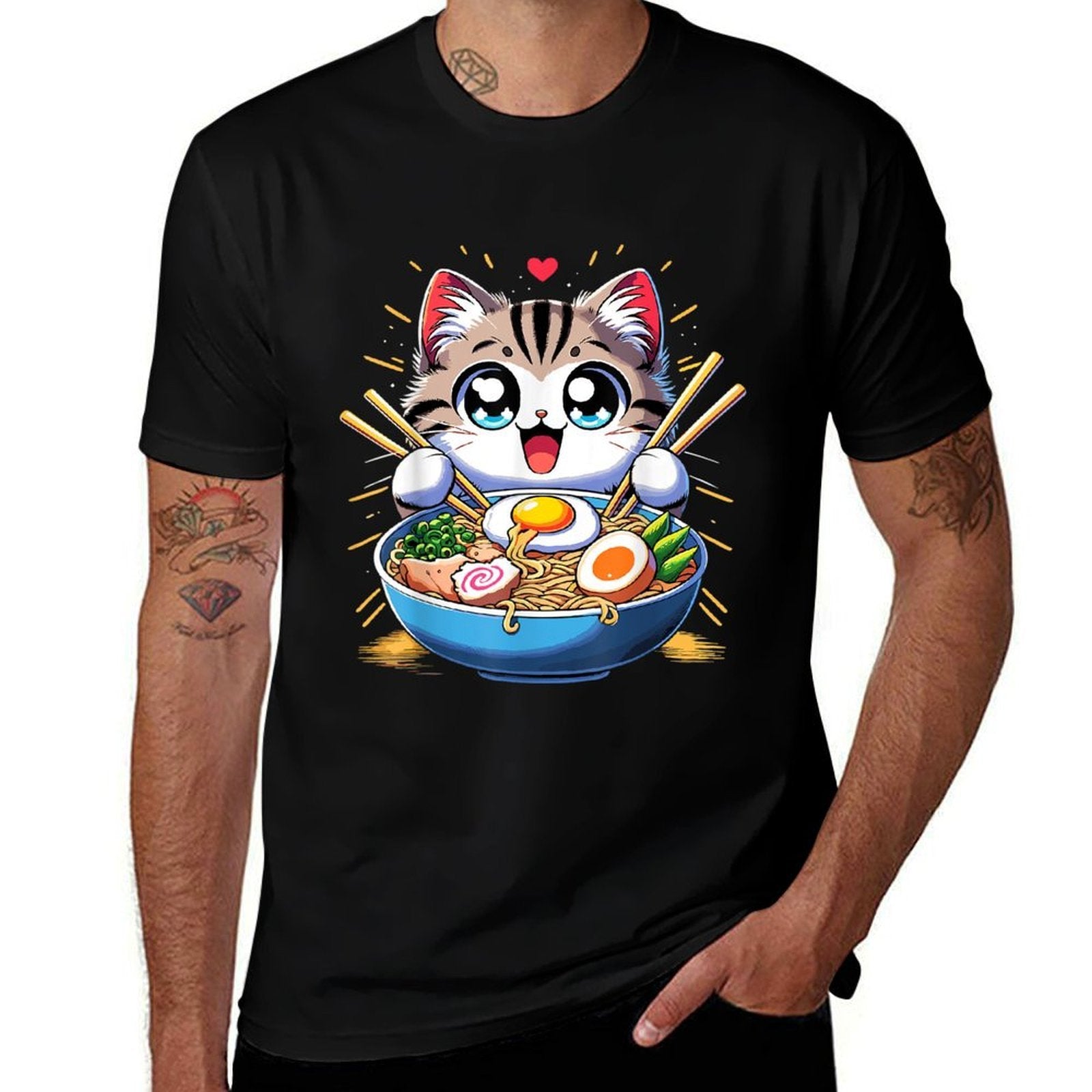 Kawaii Cat Japanese Anime Manga Cat Ramen  High-quality Stitching T-Shirt