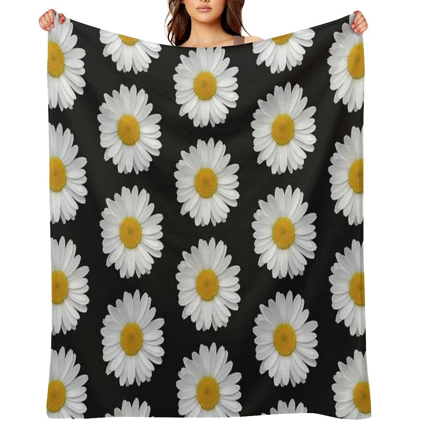 Modern Simple Elegant White Daisy Flowers on Black Anti-pilling Throw Blanket