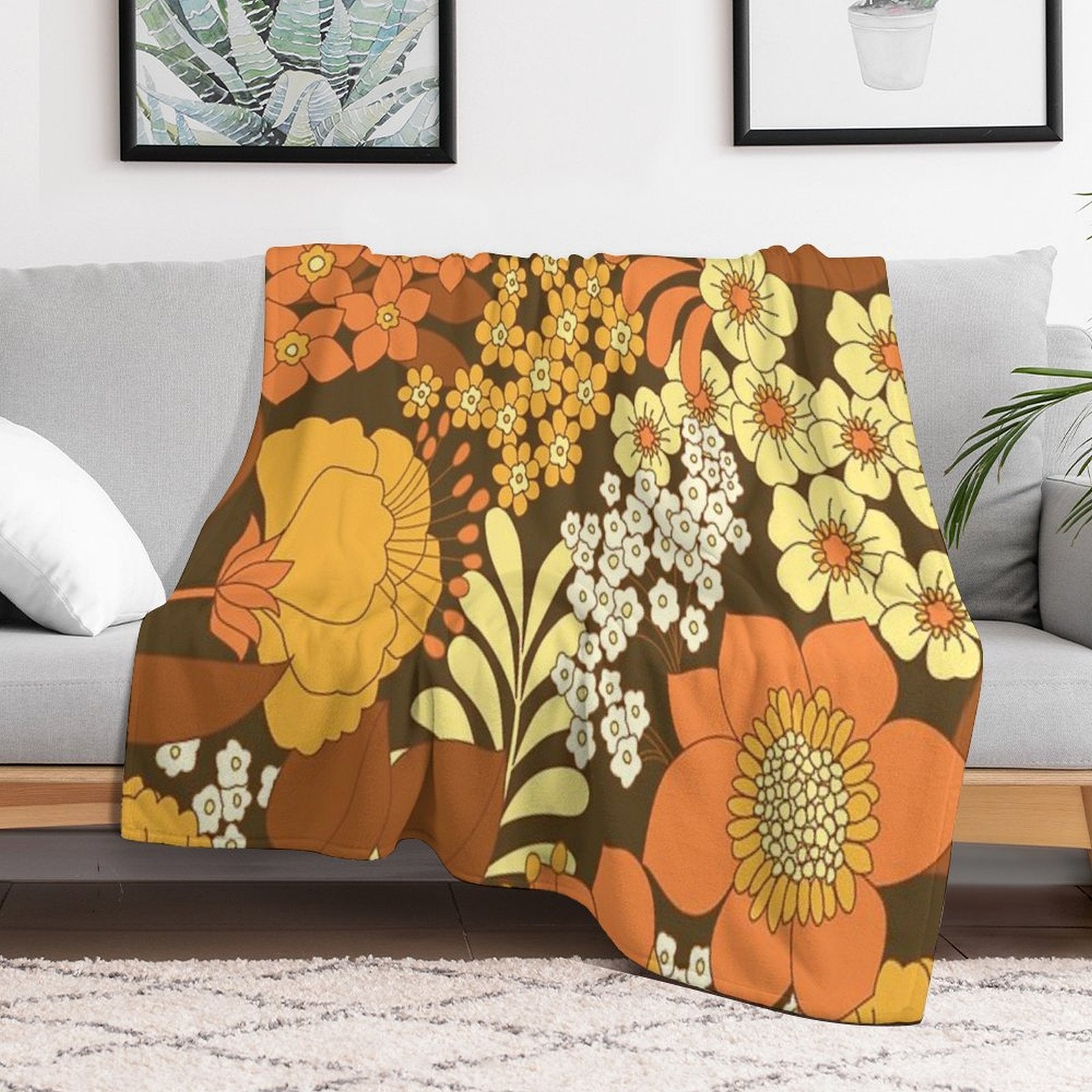Brown, Yellow, Orange & Ivory Retro Flowers Premium Throw Blanket