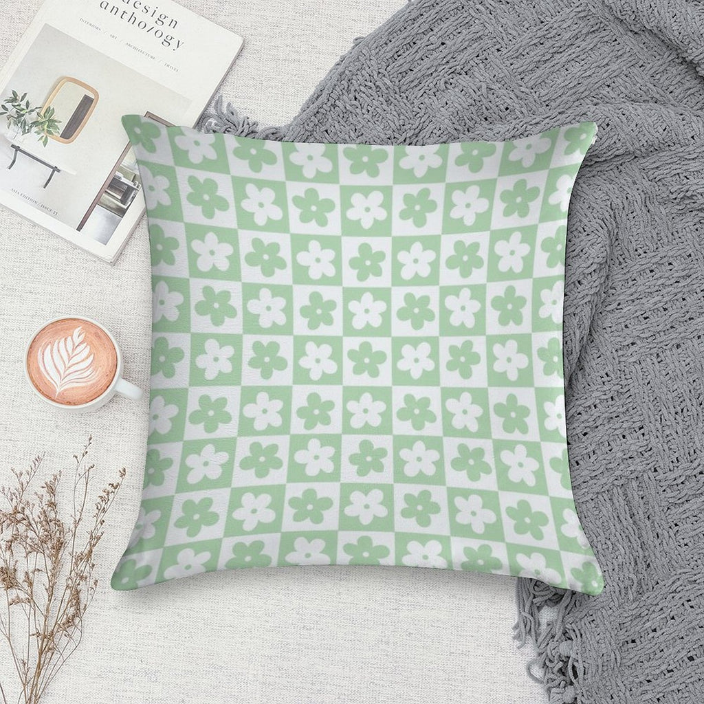 Light Pastel Green And White Checkered Squares with Flowers Soft Short Plush Fabric Throw Pillow