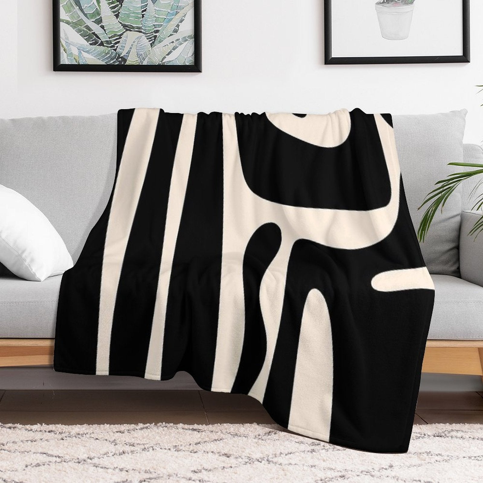 Mid Century Modern Kwaito Abstract Pattern in Black And Almond Cream Anti-pilling Throw Blanket