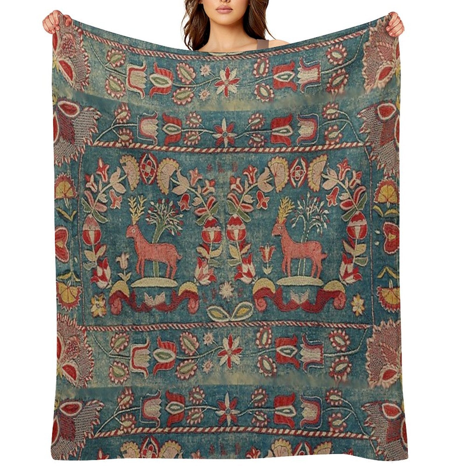 ANTIQUE  RED BLUE SWEDISH TAPESTRY WITH DEERS AND FLOWERS All-season Throw Blanket