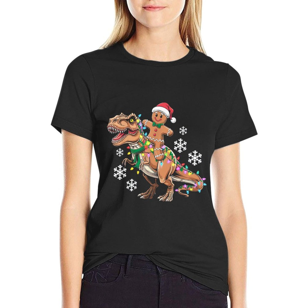 Funny Gingerbread Man Cookie Riding T-Rex Dinosaur Christmas  High-quality Stitching T-Shirt