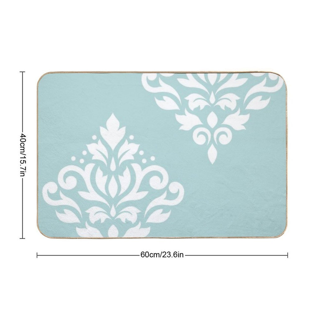 Scroll Damask Art I White on Duck Egg Blue  Fade-Resistant Bath Mat