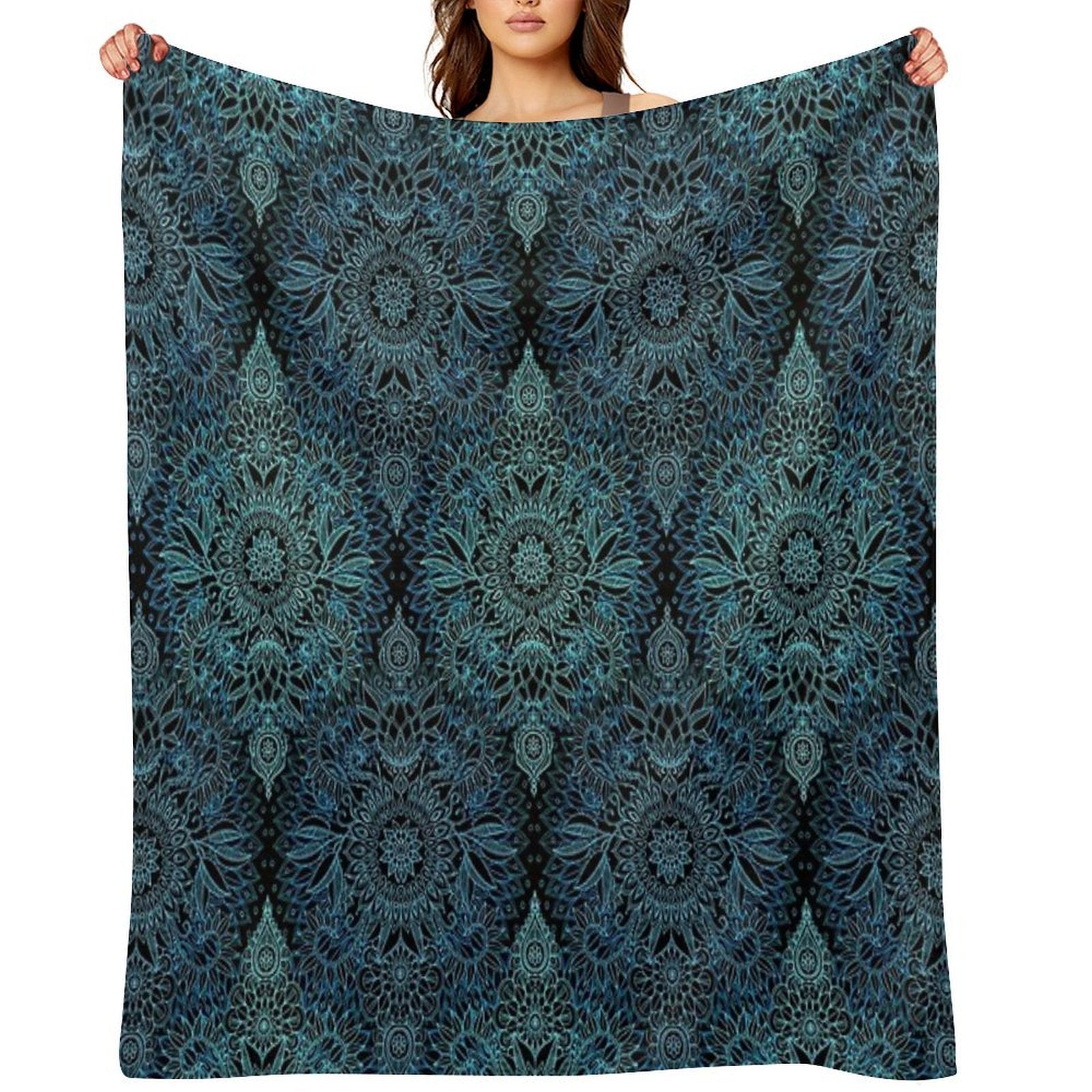 Black, Teal & Aqua Protea Doodle Pattern Multi-functional Throw Blanket