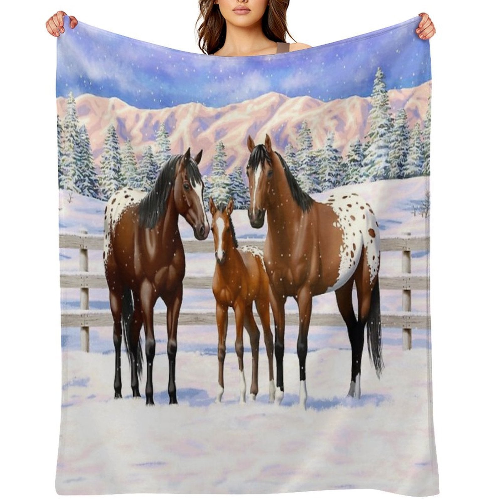 Bay Appaloosa Quarter Horses In Winter Snow Wrinkle-free Throw Blanket