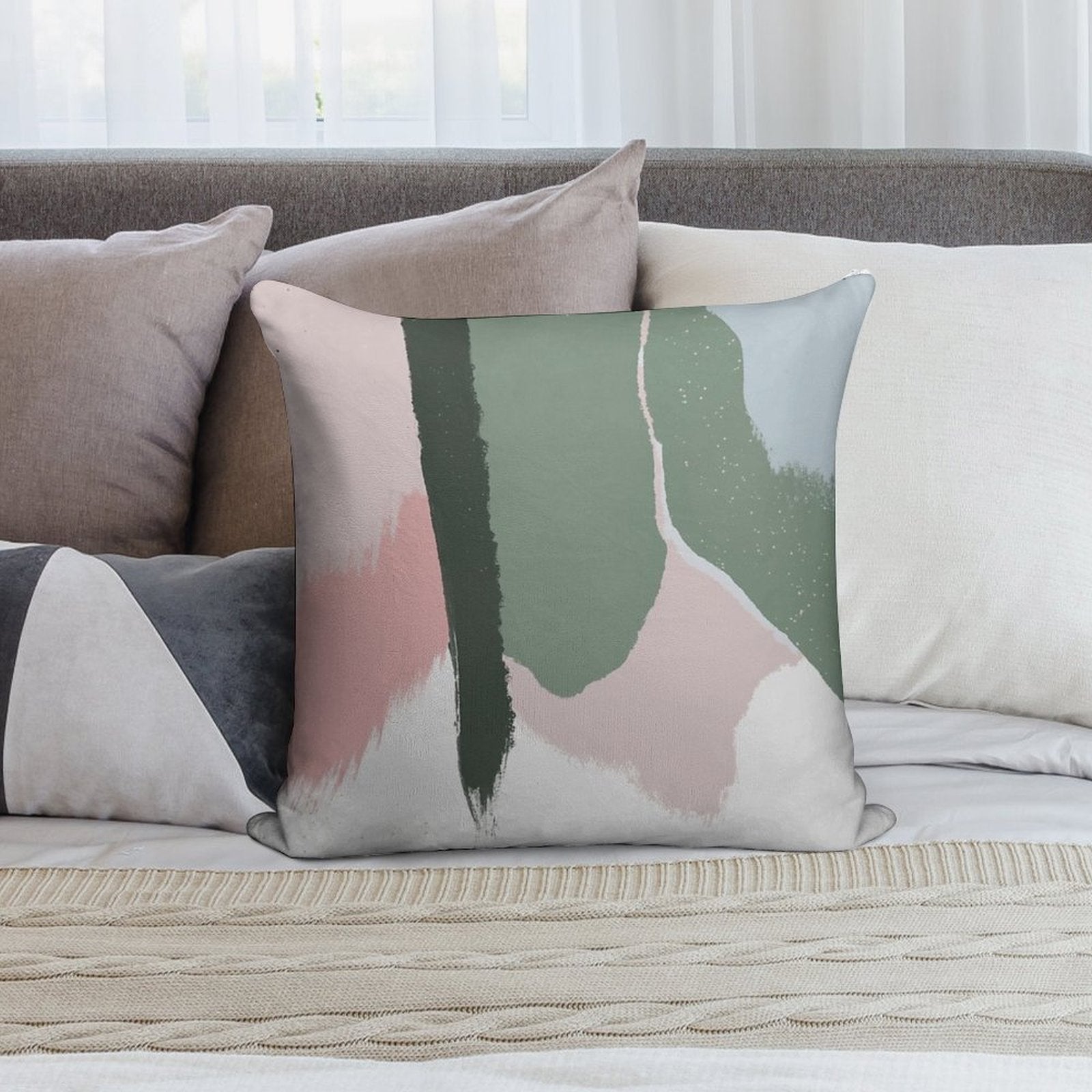Abstract Art Paint Brush Strokes in Blush Pink & Sage Green Soft Easy Maintenance Throw Pillow