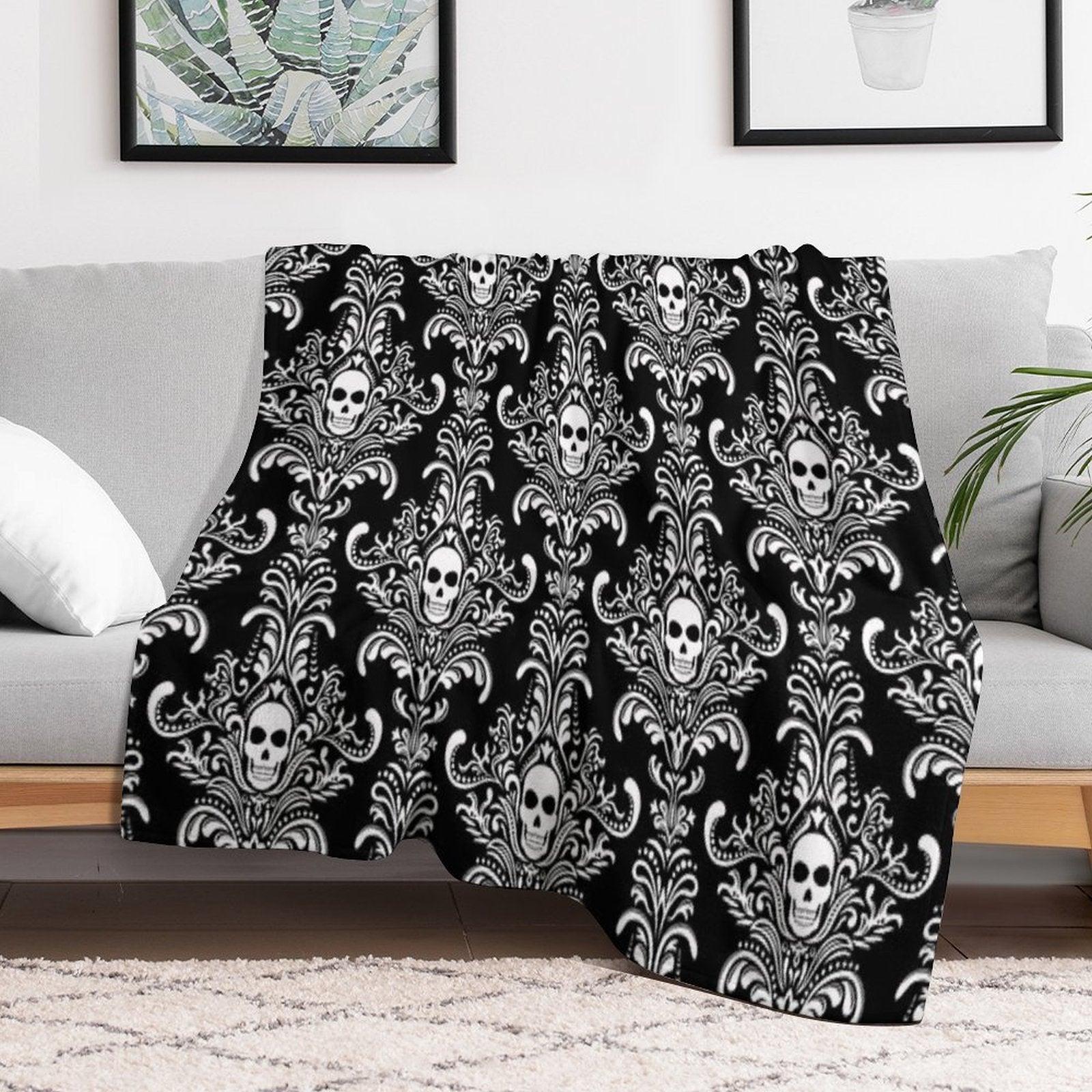 Skulls Damask Goth Halloween Pattern Travel-friendly Throw Blanket