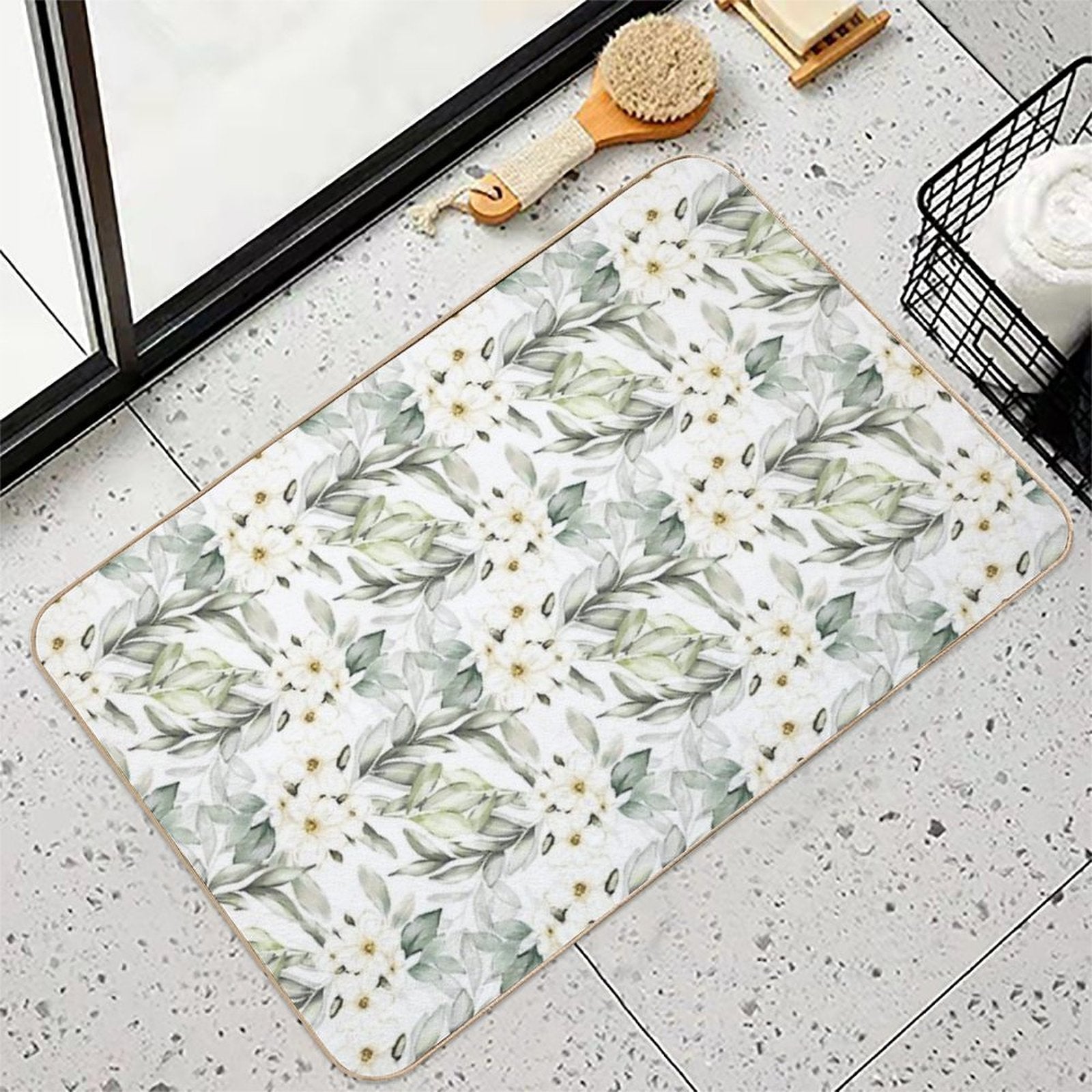 Green Leaves And Flower Blossom Pattern  Dirt-Trapping Bath Mat