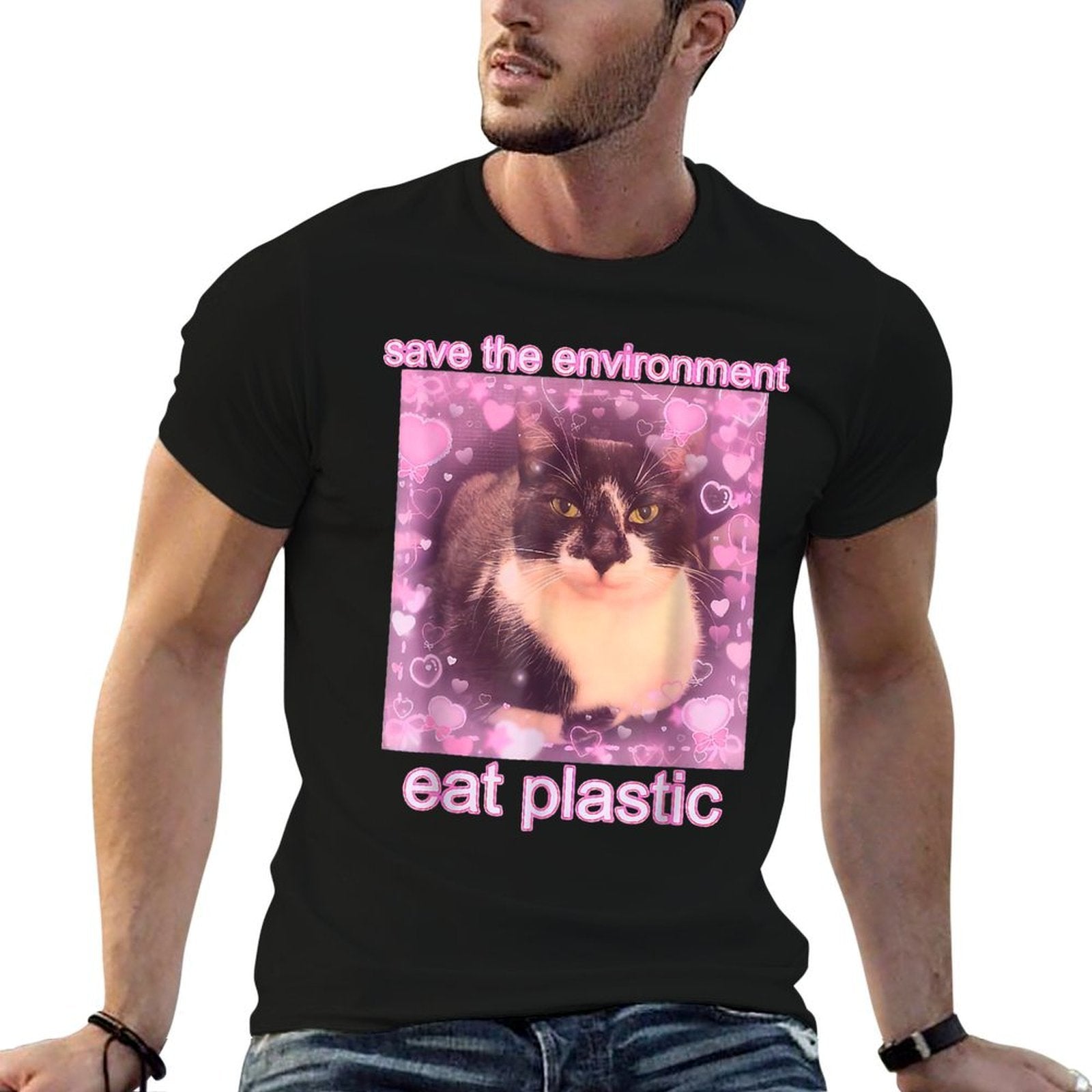 Save The Environment Eat Plastic Funny Cute Cat Meme  Affordable Price T-Shirt